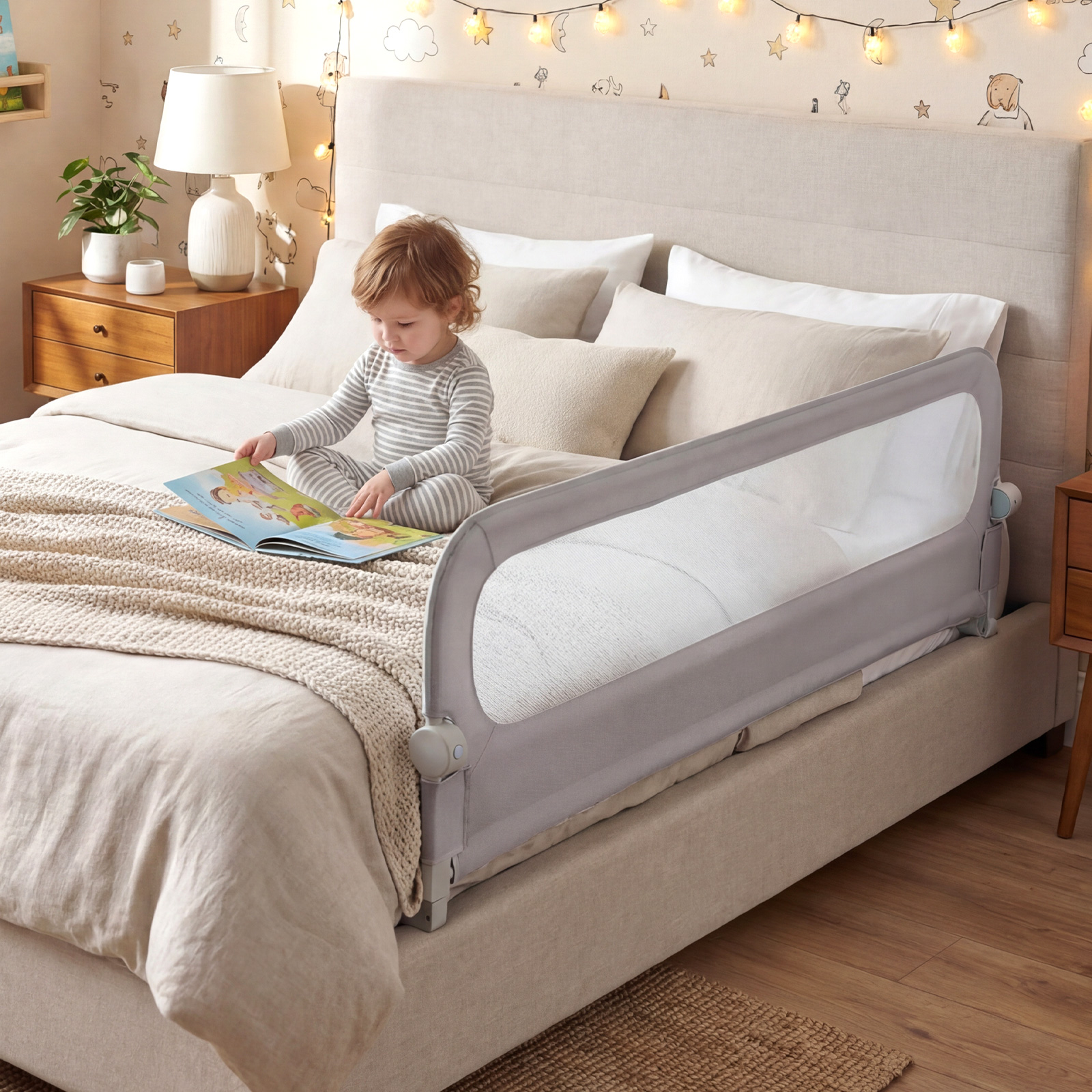 Klappbares Bettgitter für Kleinkinder verstellbares Baby-Bettgitter mit abnehmbarem Oxford-Stoffbezug Grau 178 cm x 36 cm x 60 cm
