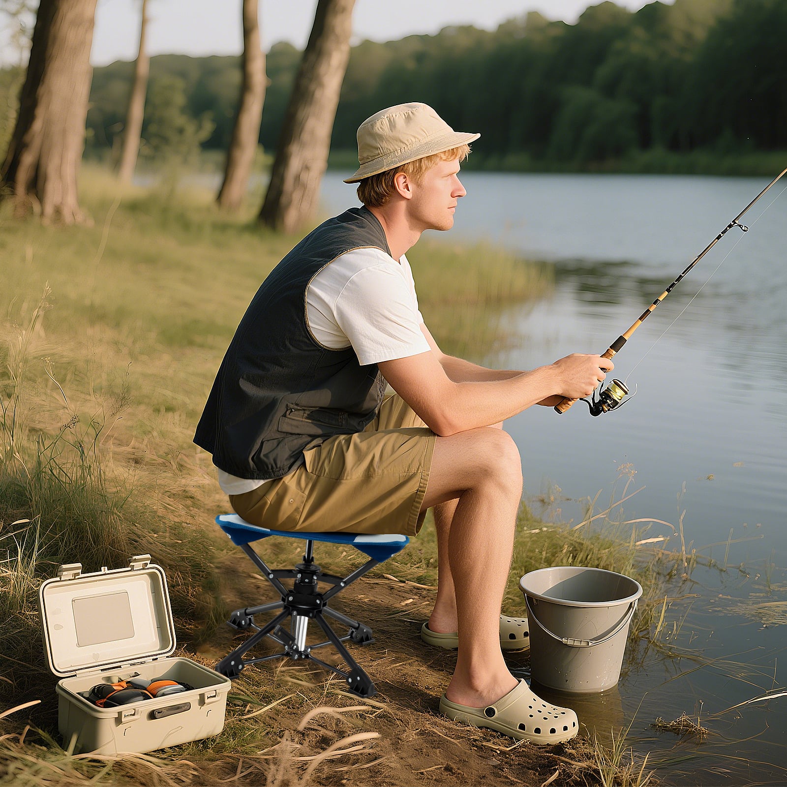 Klapphocker faltbar 360° drehbarer Campinghocker Falthocker mit Anti-Sink-Füßen & Tragetasche Blau