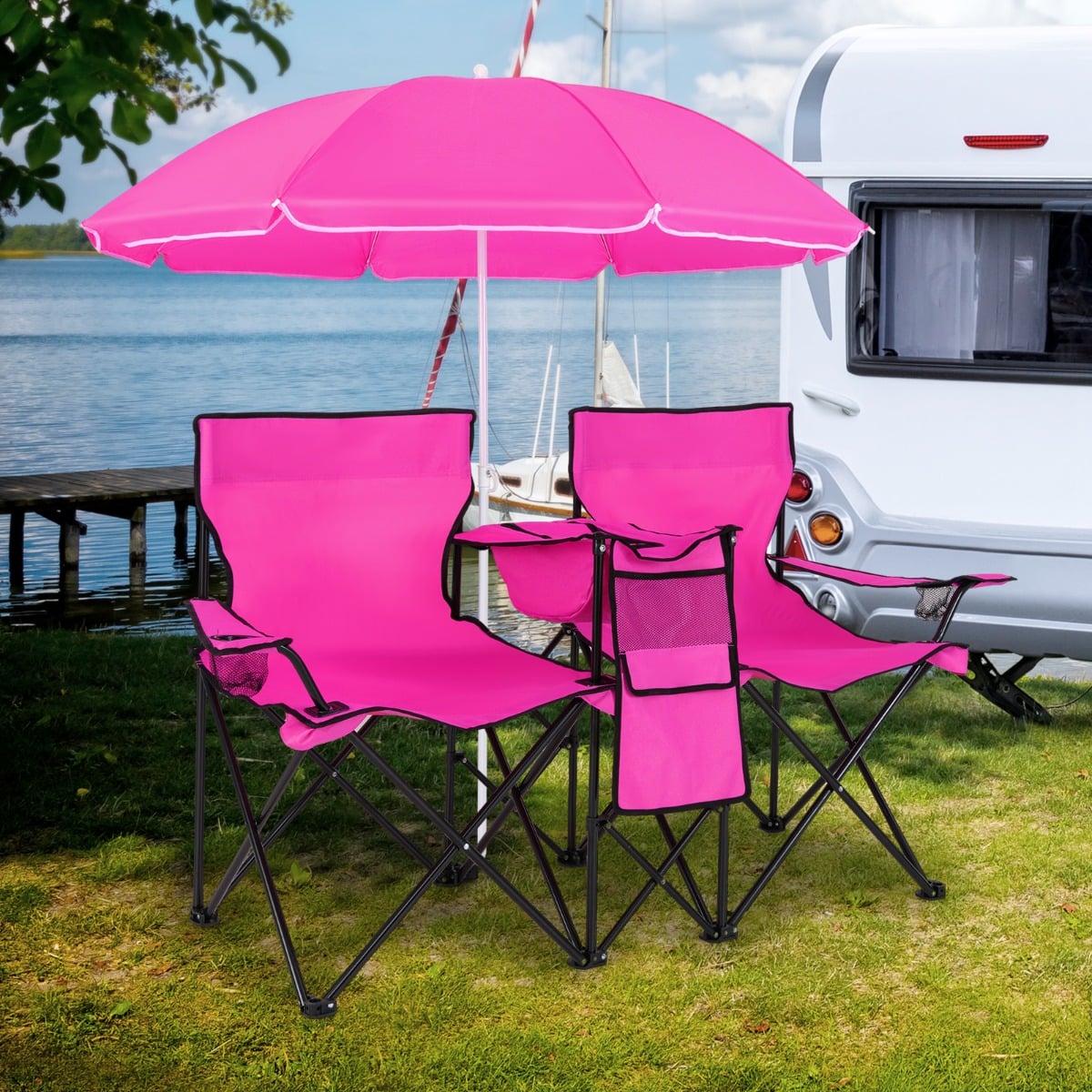2-Sitzer Campingstuhl mit Sonnenschirm Klappbarer Angelstuhl mit Tragetasche Faltstuhl Rosa