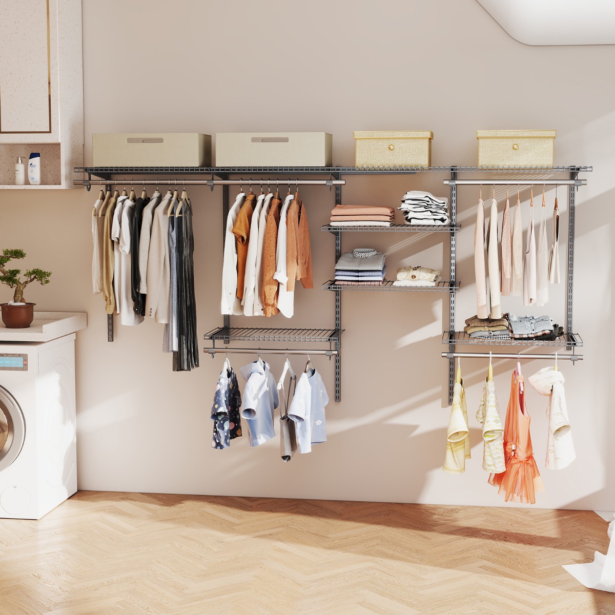 Offener Kleiderschrank 122 - 244 cm Erweiterbare Wandgarderobe DIY Aufbewahrungssystem Grau