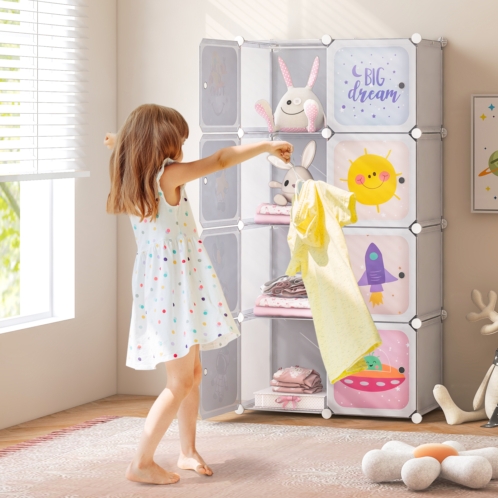 Kleiderschrank Kinder Regalsystem aus Kunststoff mit 8 Würfeln Kinderregal erweiterbar mit Türen & 2 Aufhänger Weiß