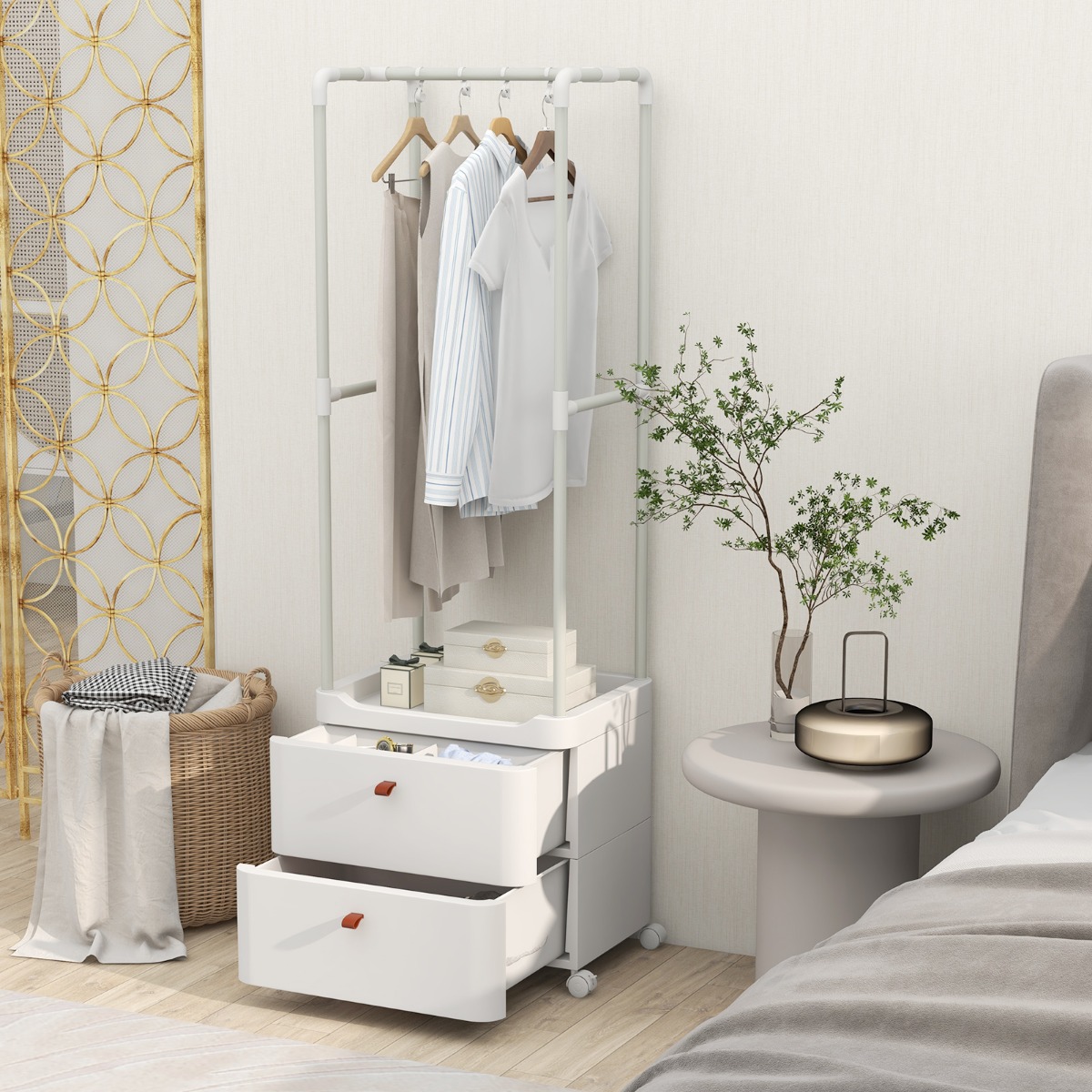 Kleiderständer mit 2 Schubladen Garderobenständer mit feststellbaren Rollen 52 x 40 x 161 cm Weiß