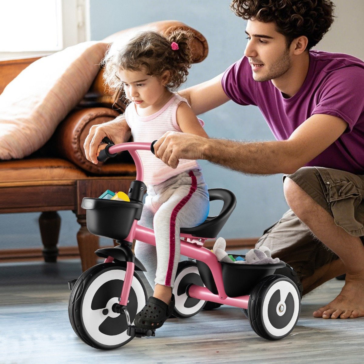Laufrad Kinder Laufräder mit verstellbarem Sitz & 2 Körben vorne und hinten Rosa
