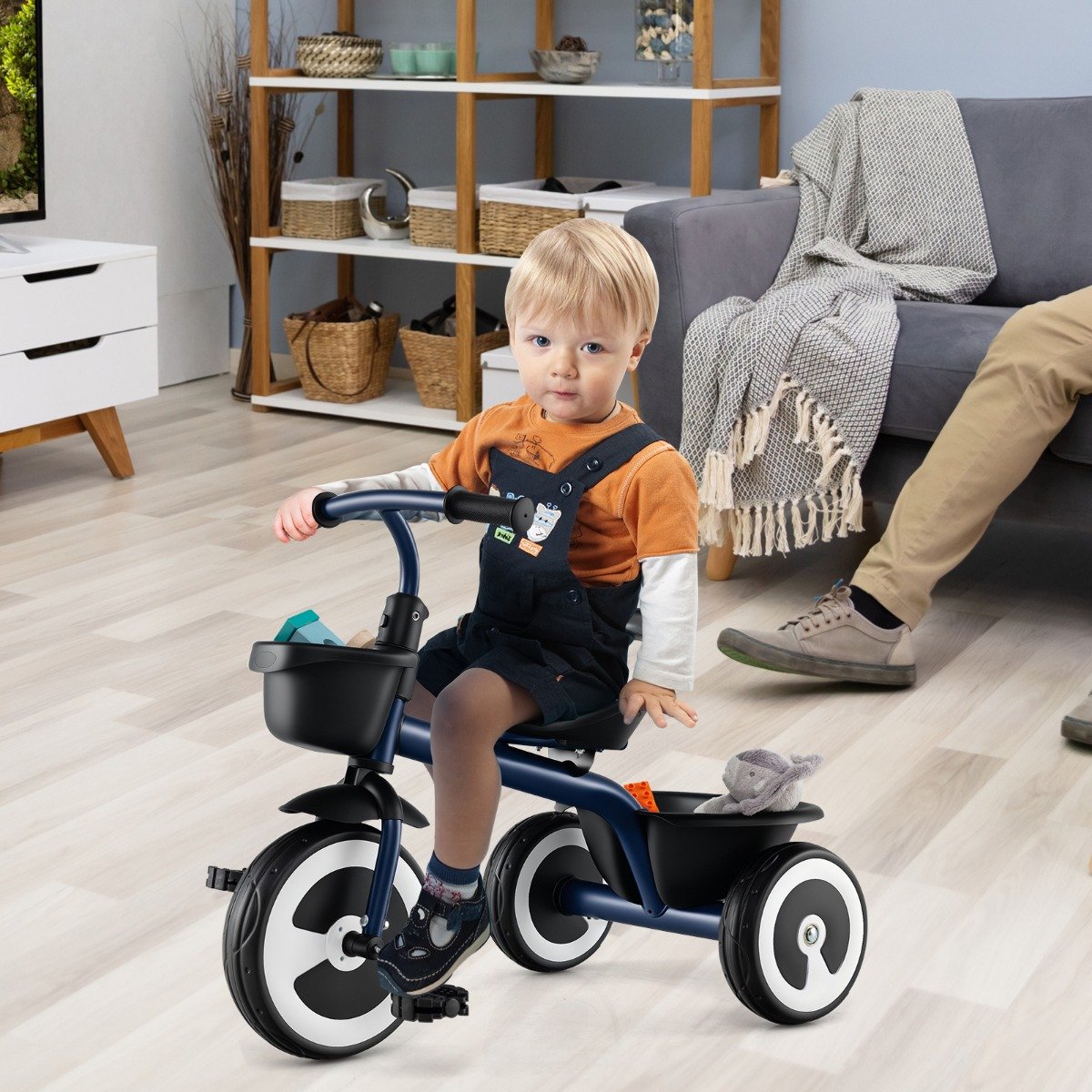 Laufrad Kinder Laufräder mit verstellbarem Sitz & 2 Körben vorne und hinten Blau