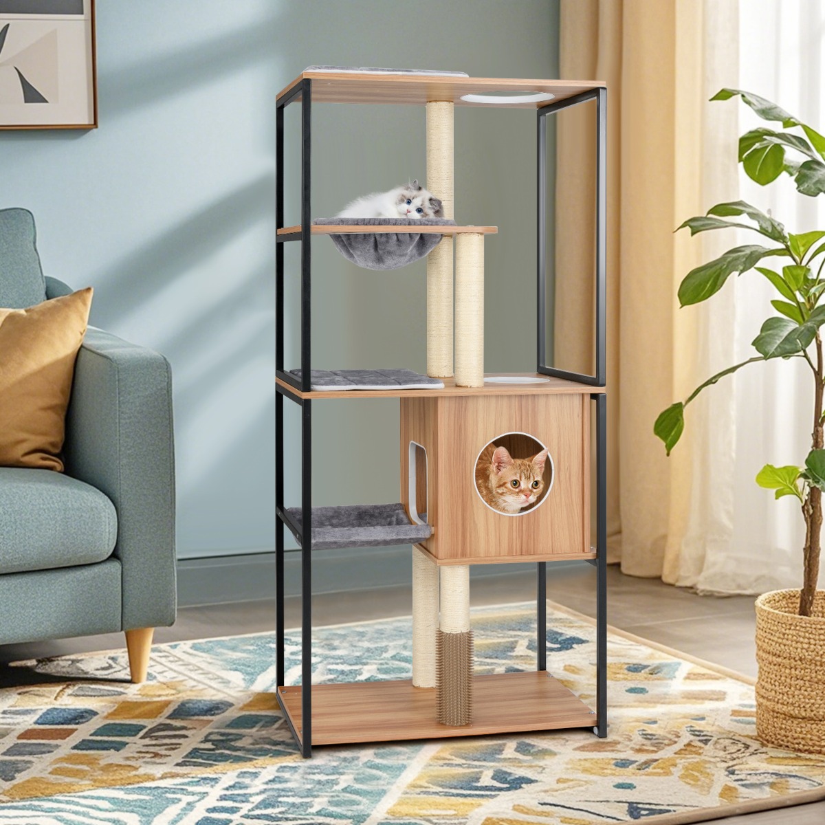 160 cm Holz Kratzbaum mit Höhle & Hängematte & Kratzpfosten 5 Stufiger Katzenkratzbaum