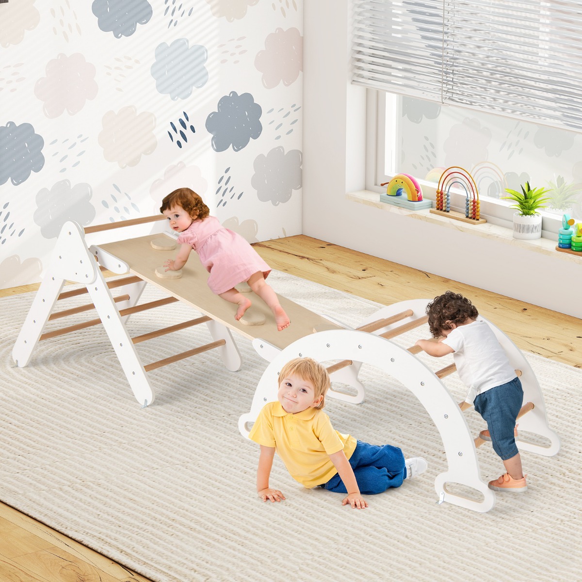 Kletterdreieck mit Rutsche Kletterbogen inkl. doppelseitige Rampe Weiß