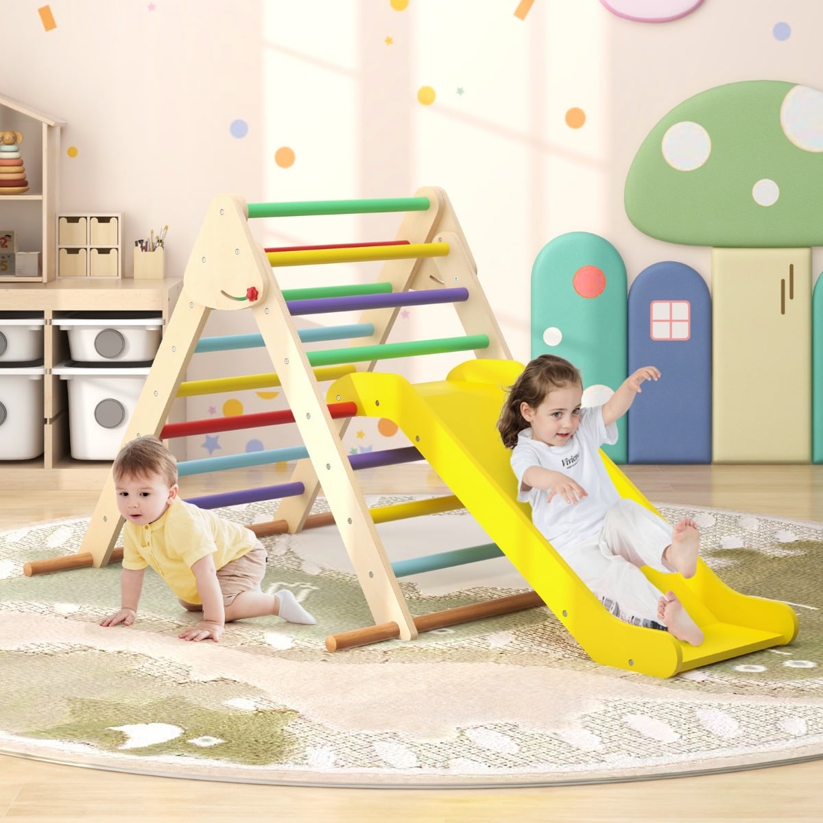 3 in 1 Kletterdreieck aus Holz mit Rutsche zum Rutschen & Klettern Klappbares Klettergerüst Mehrfarbig