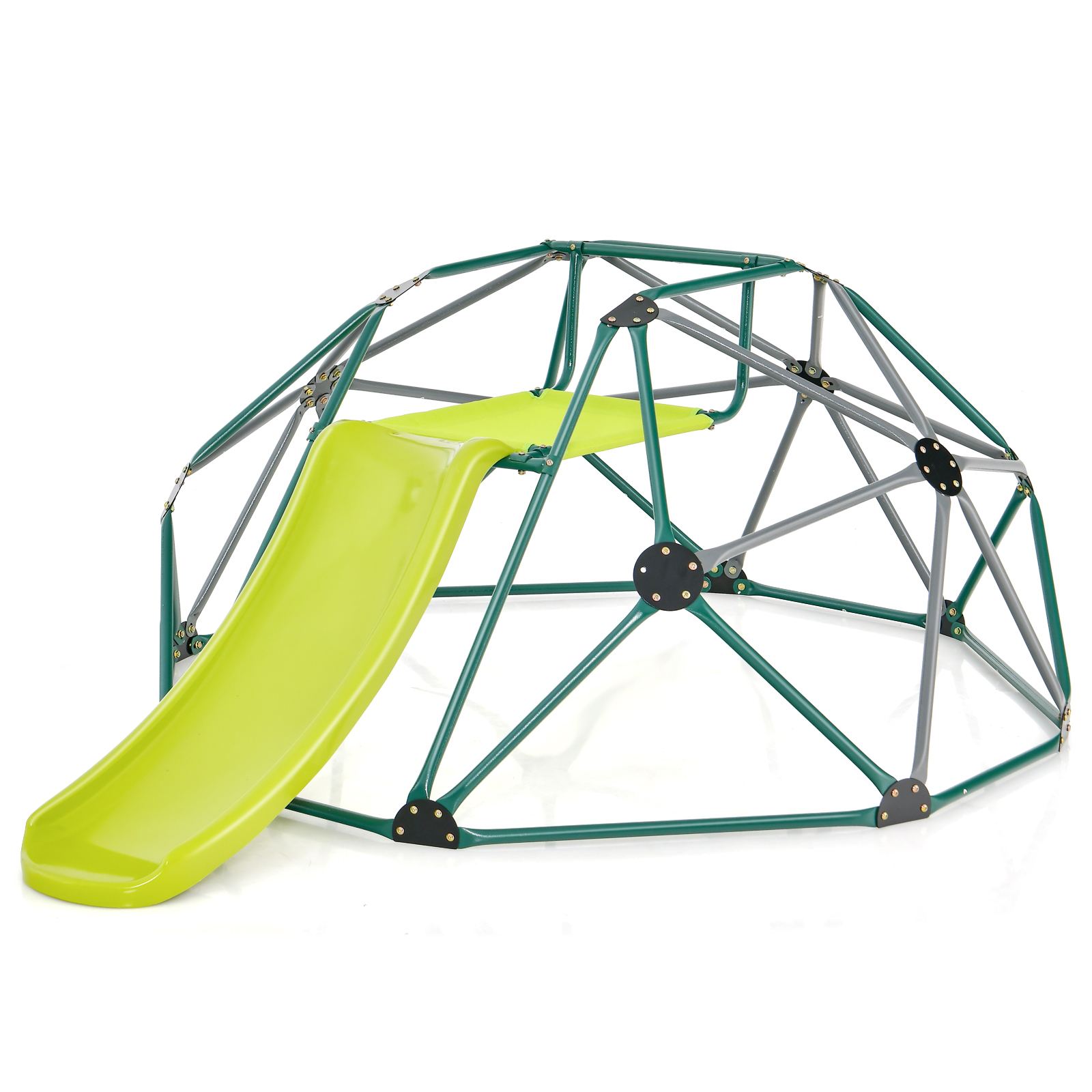 Kletterkuppel mit Rutsche & Stoffplattform & 180 kg Belastbarkeit Klettergerüst in Kuppelform Grün + Grau