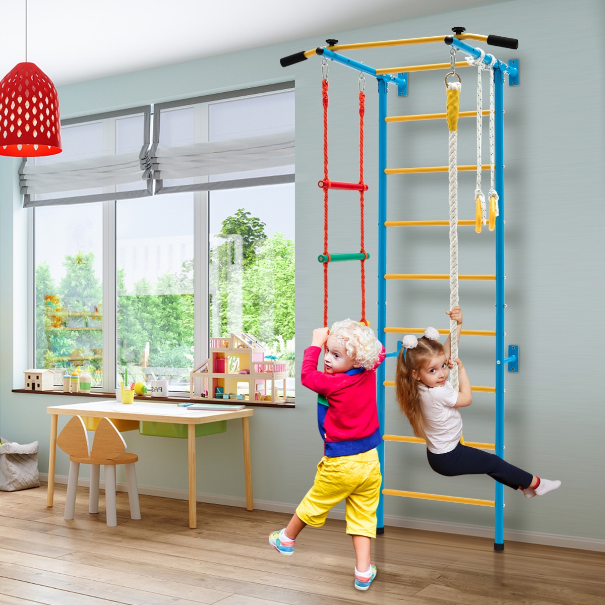 Kinder Kletterwand Heimsportgerät für Kinder bis 100 kg  107 x 83 x 223 cm Blau und Gelb