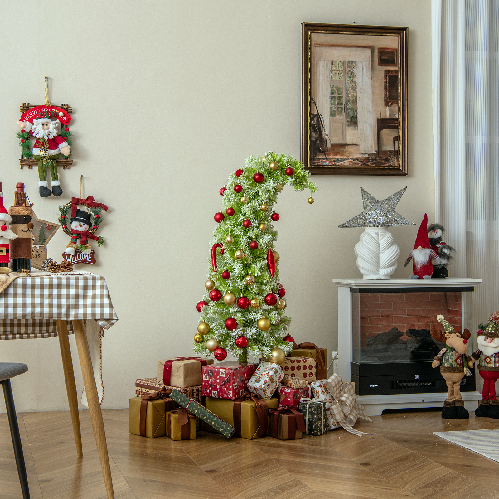 Künstlicher Weihnachtsbaum mit Beleuchtung und Schnee 150 cm Tannenbaum mit biegbarer Spitze