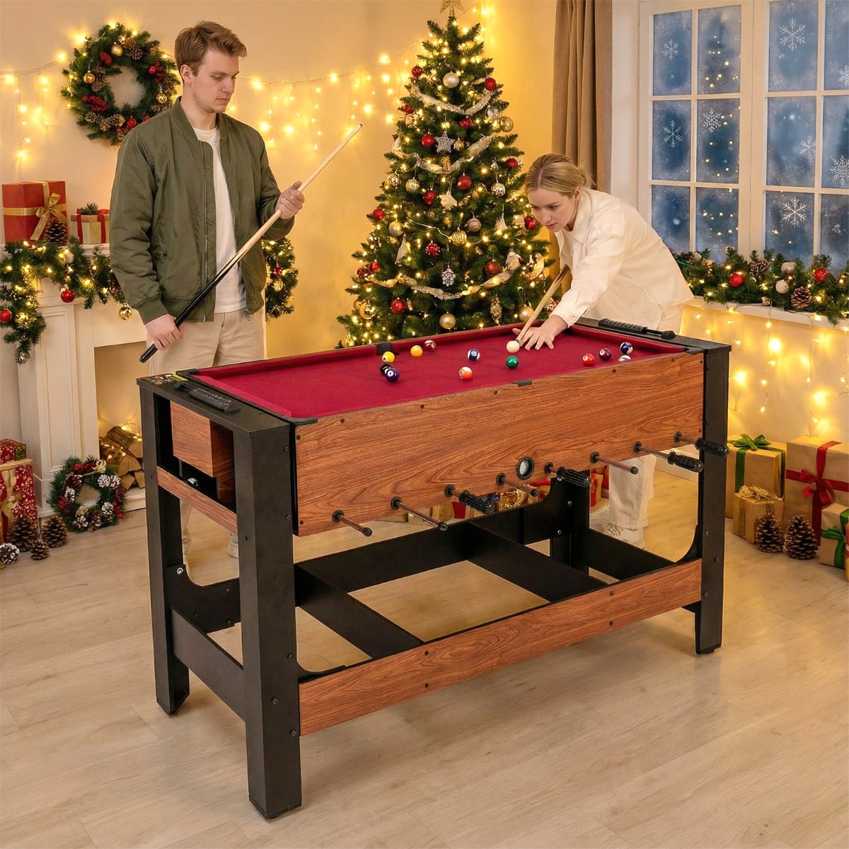 2 in 1 Drehbarer Spieltisch Kicker & Billard Kombitisch mit Beinen Queues Dreieck Bürste Kreide Braun 138 x 61 x 84 cm
