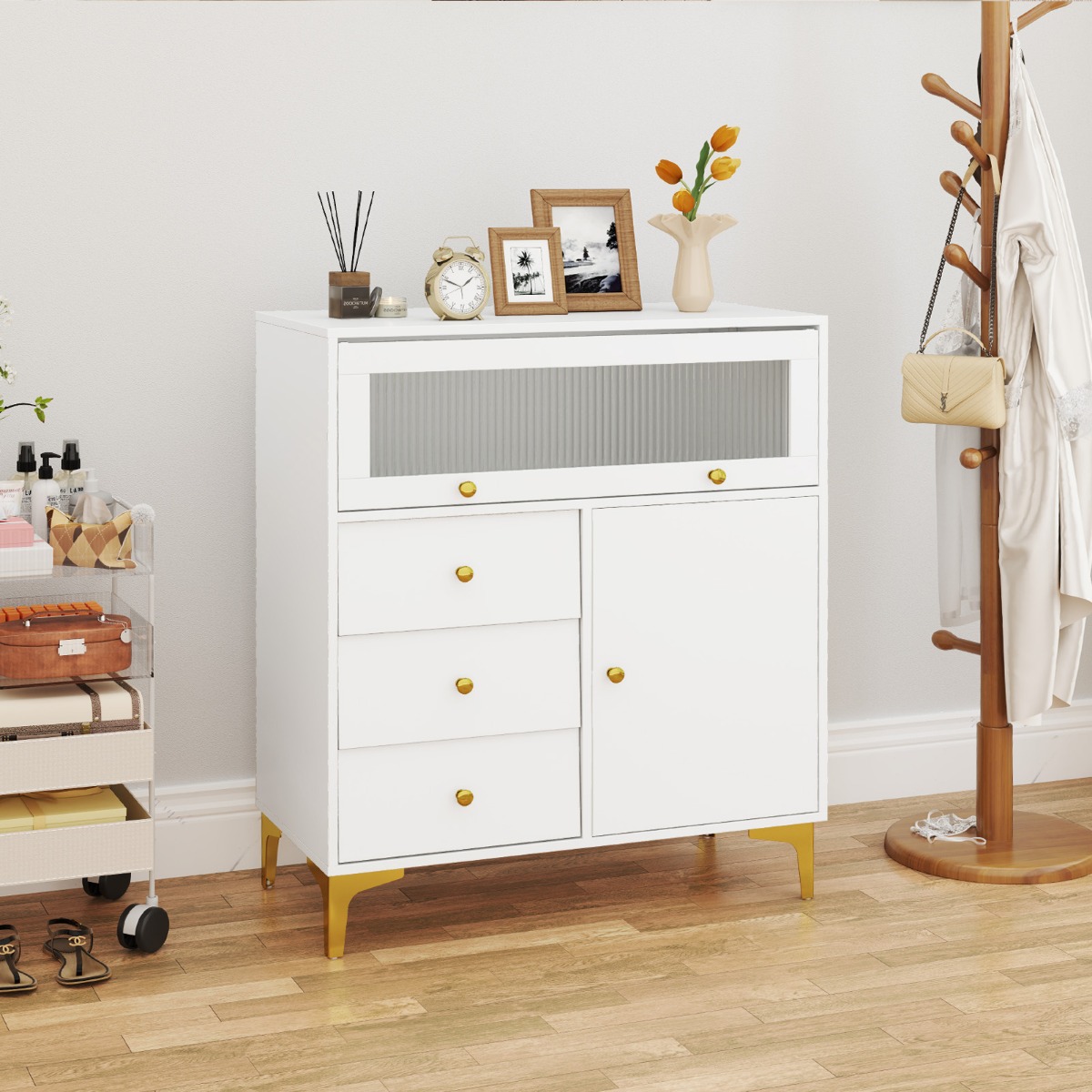 Kommode mit 3 Schubladen & 2 Türen Sideboard mit hochklappbarer Glastür 80 x 40 x 95,5 cm Weiß