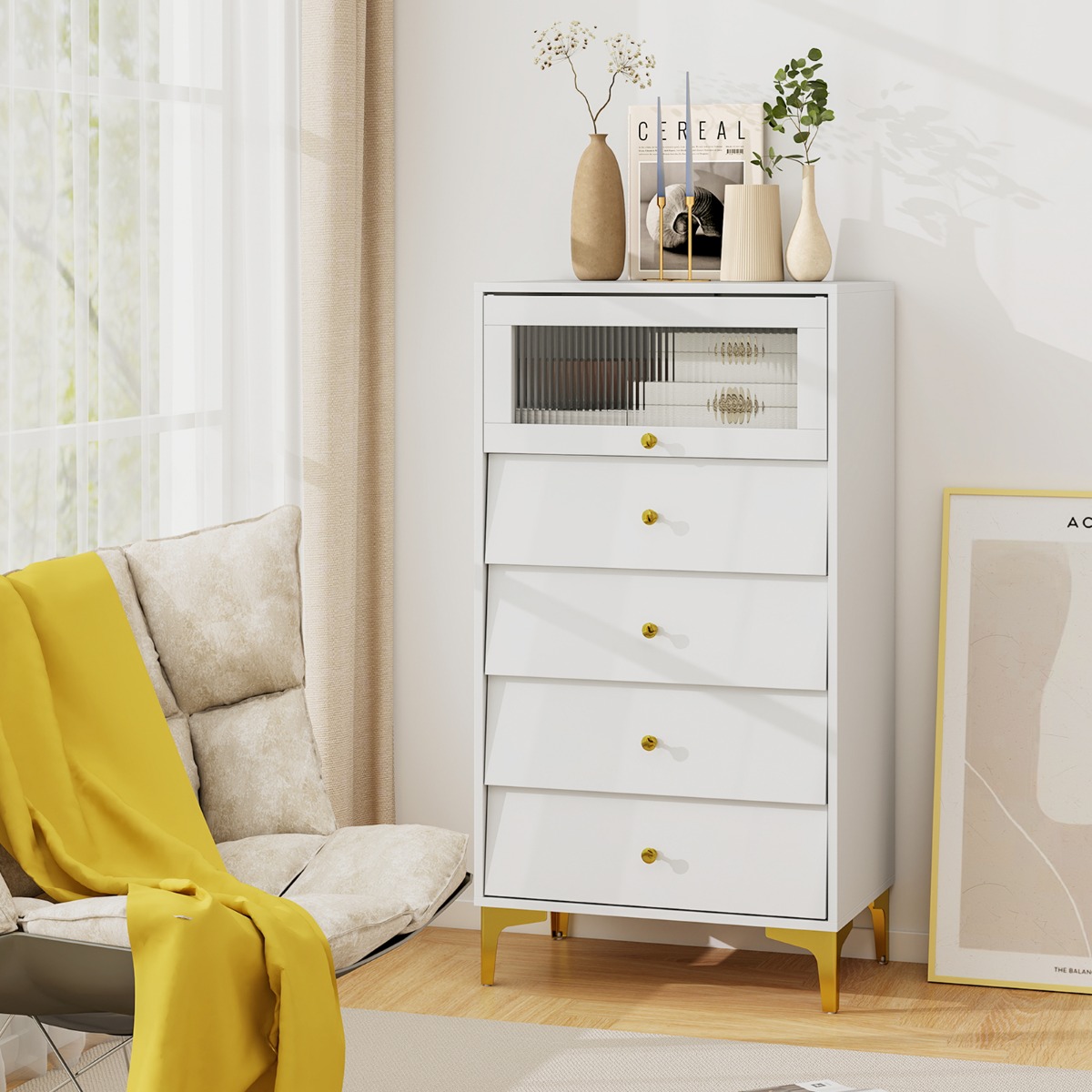 Kommode mit 4 Schubladen Sideboard mit hochklappbarer Glastür Weiß