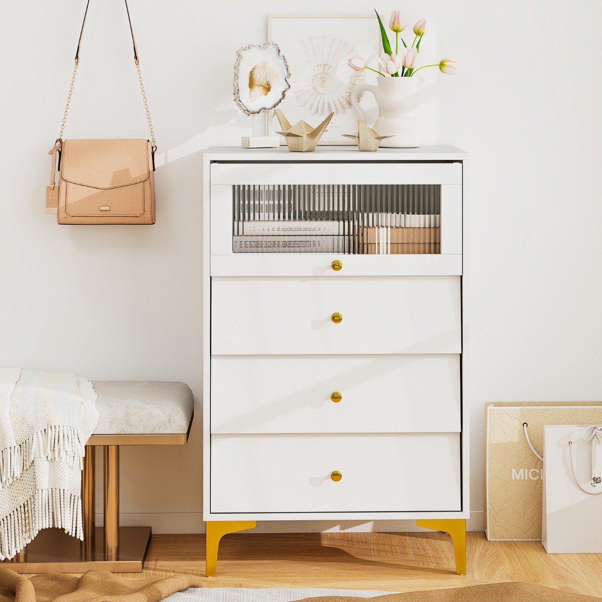 Kommode mit 3 Schubladen Sideboard mit hochklappbarer Glastür Aufbewahrungsschrank Weiß