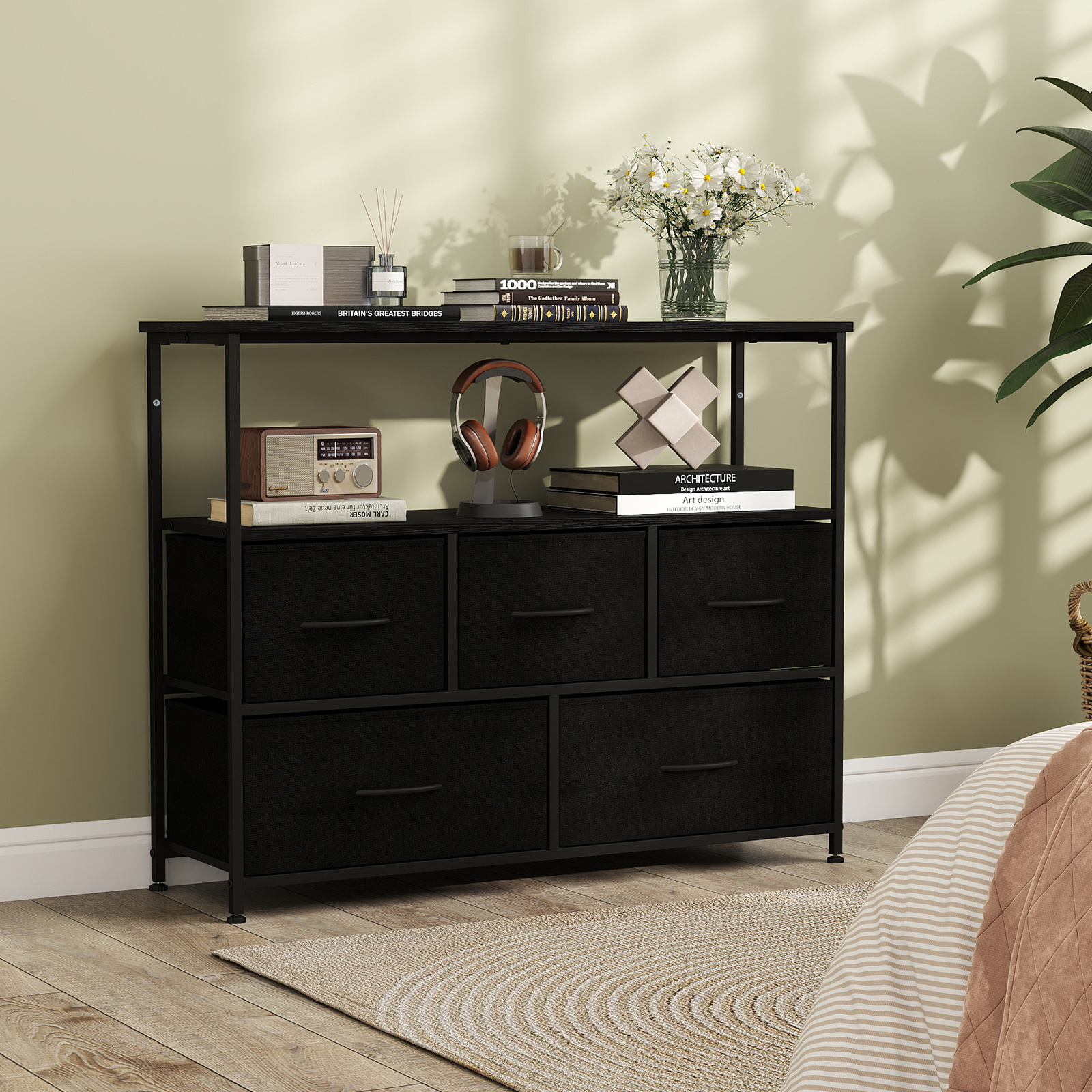 Kommode breiter Schrank mit 2 offenen Holzregalen 5 Schubladen & robustem Metallrahmen Schwarz