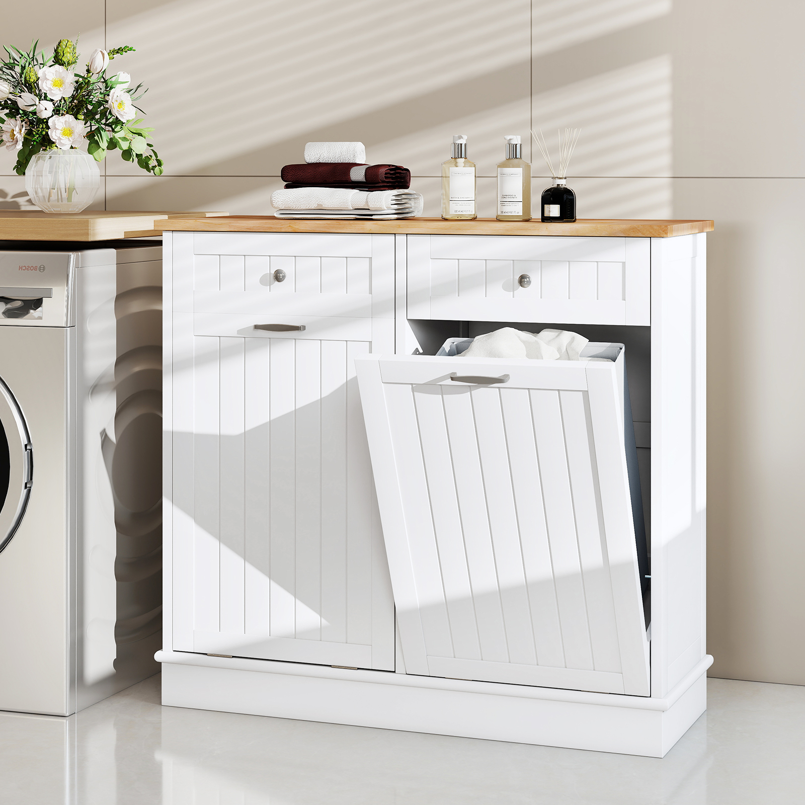 Kommode für Mülleimer mit 2 Türen & Schneidebrett & Holz-Arbeitplatte & 2 Schubladen Weiß