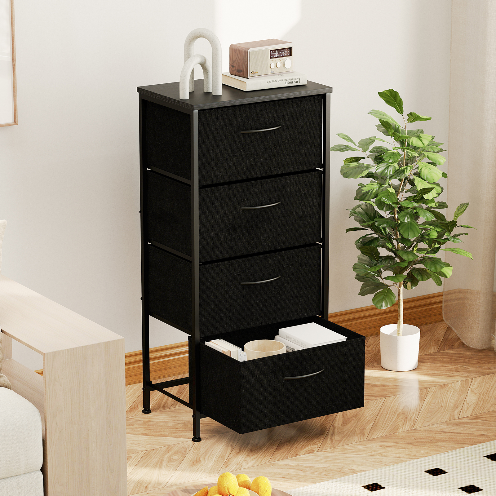 Kommode mit 4 Schubladen Schubladenschrank mit Holzplatte Sideboard mit robuster Metallrahmen Schwarz