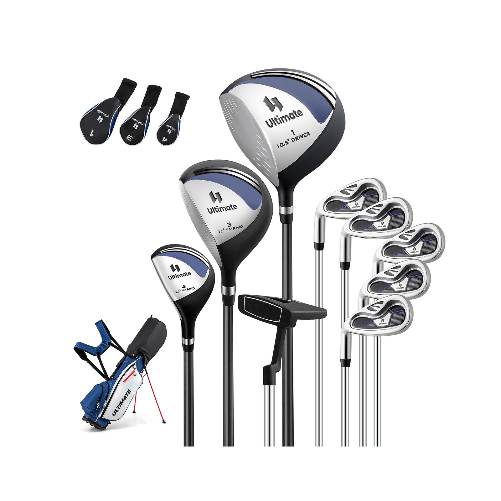 Komplette Golfschläger- & Taschenset für Linkshänder Herren tragbare leichte Golf-Standtasche Blau