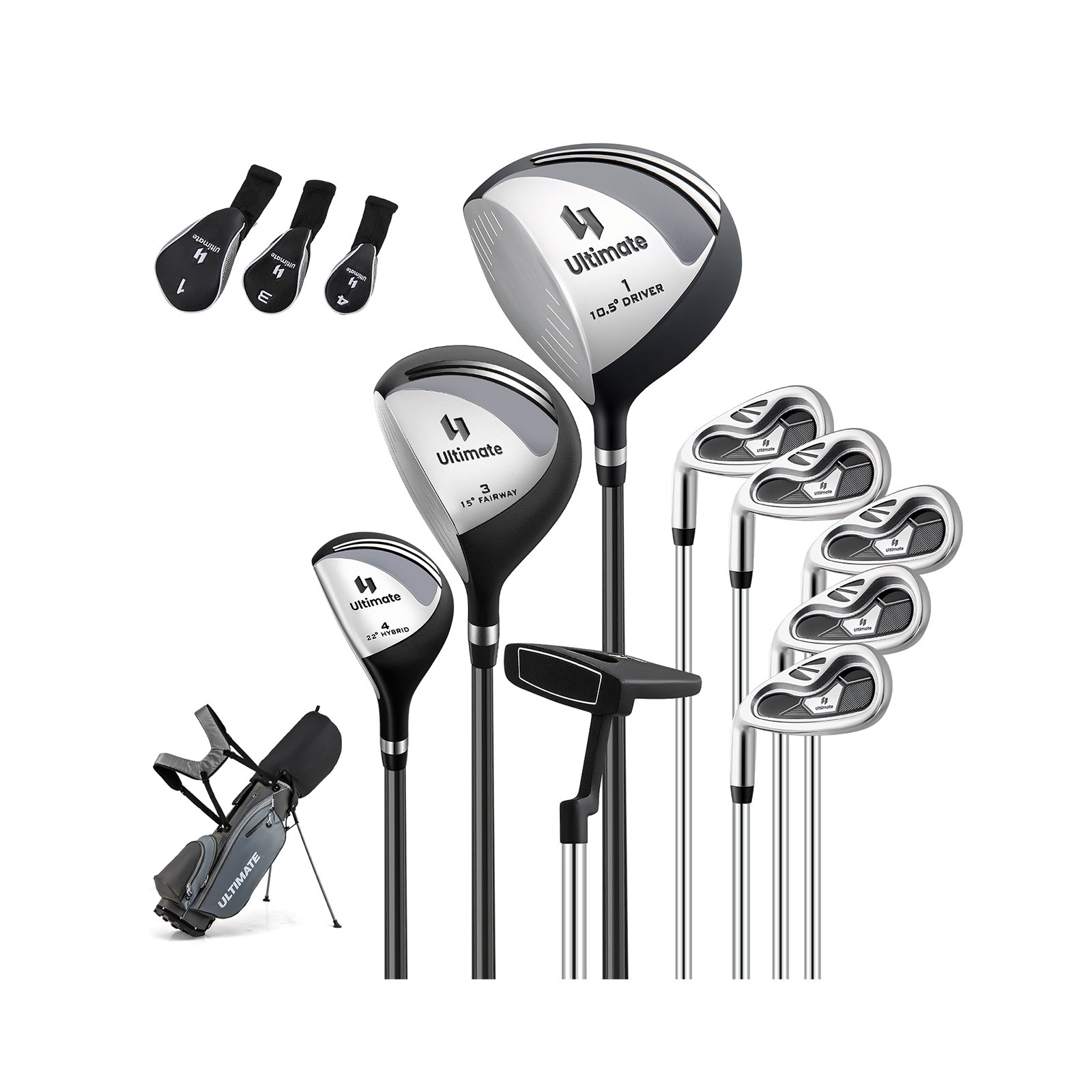Komplette Golfschläger- & Taschenset für Linkshänder Herren tragbare leichte Golf-Standtasche Grau