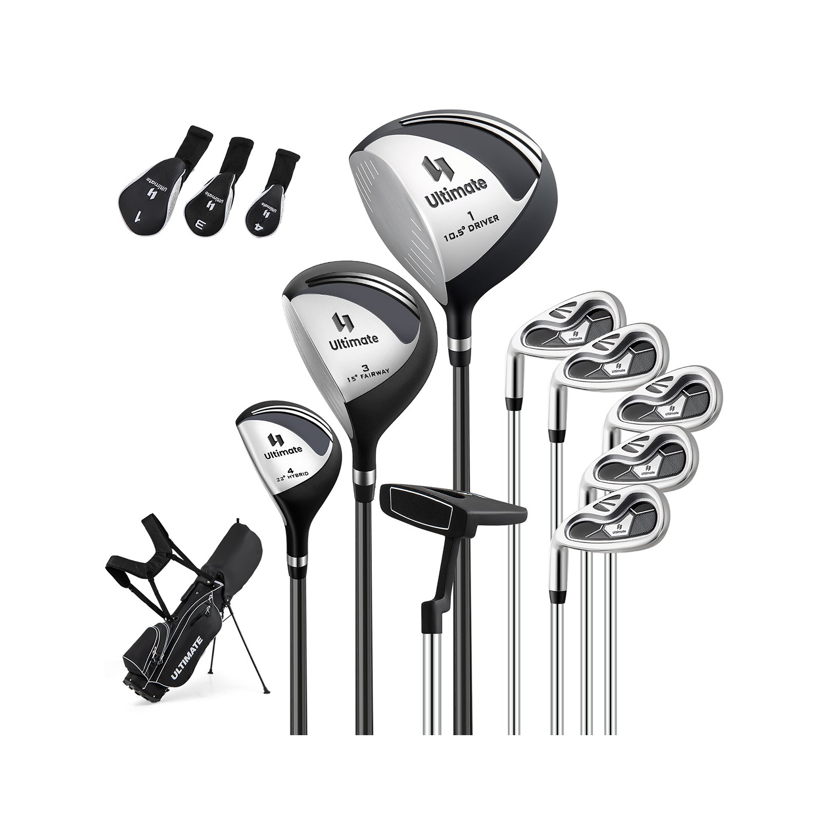 Komplette Golfschläger- & Taschenset für Linkshänder Herren tragbare leichte Golf-Standtasche Schwarz