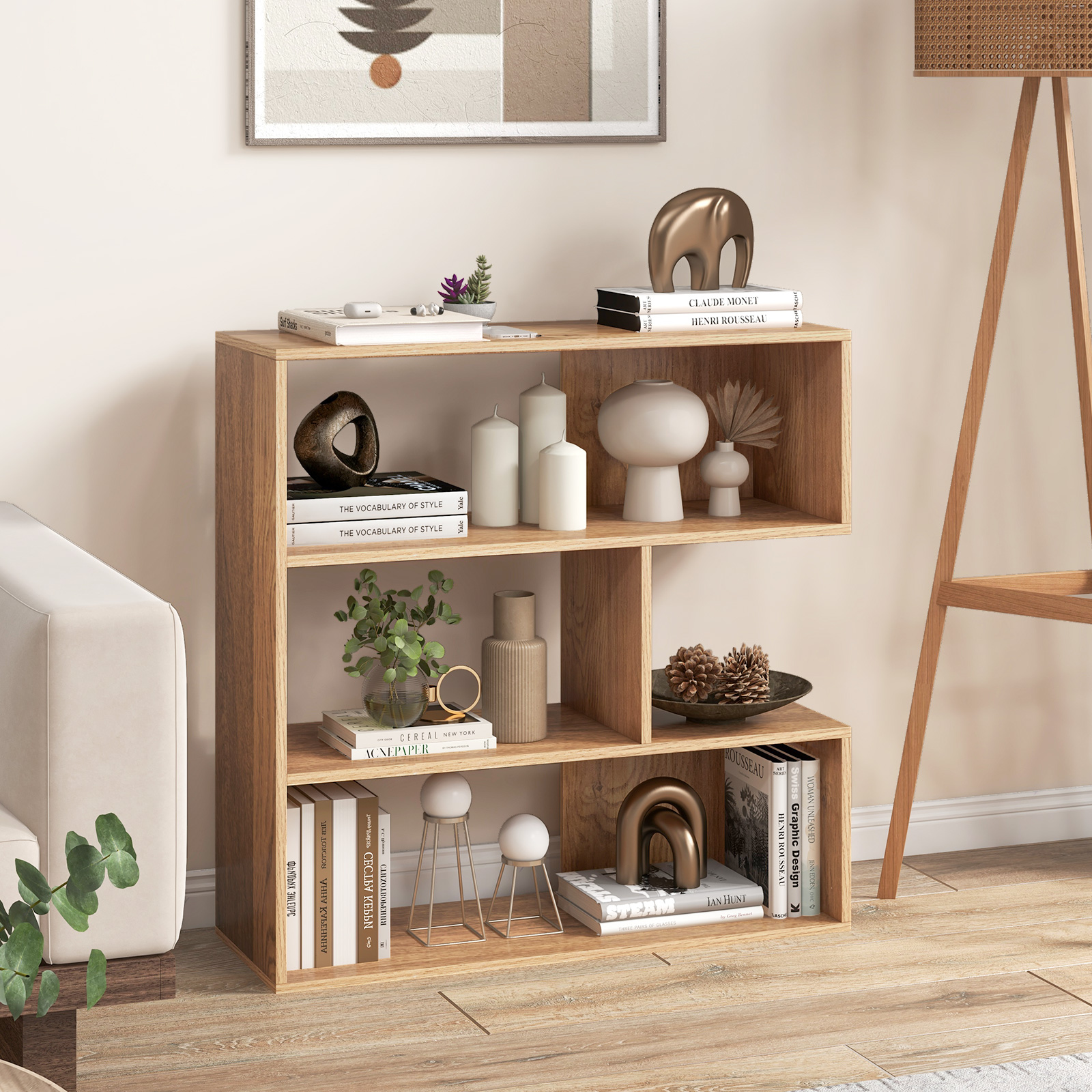 Konkaves Bücherregal mit Kippschutz 3 Ebenen Standregal Holz Raumteiler Regal Natur