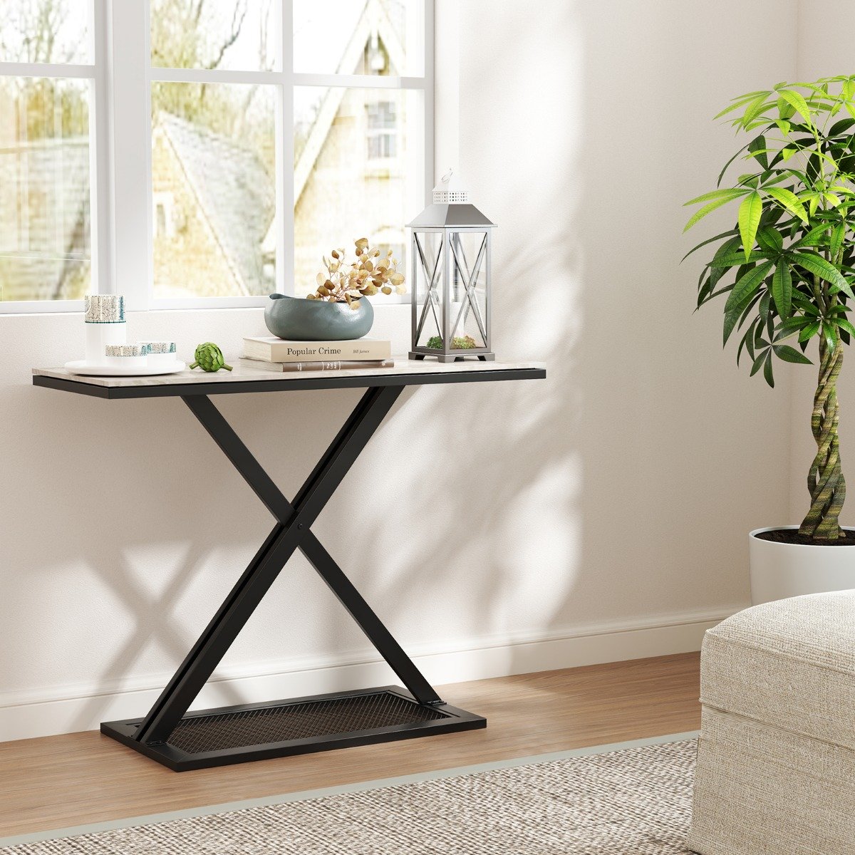 Konsolentisch mit Kunstmarmorplatte Couchtisch mit Metallrahmen Sofatisch 100 x 40 x 77,5 cm