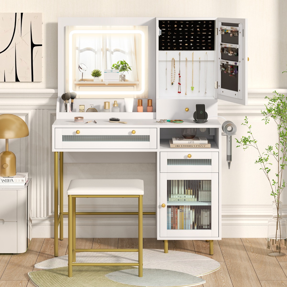 Schminktisch mit LED-Beleuchtung & Ladestation & 3 Schubladen Schmuckschrank Frisiertisch