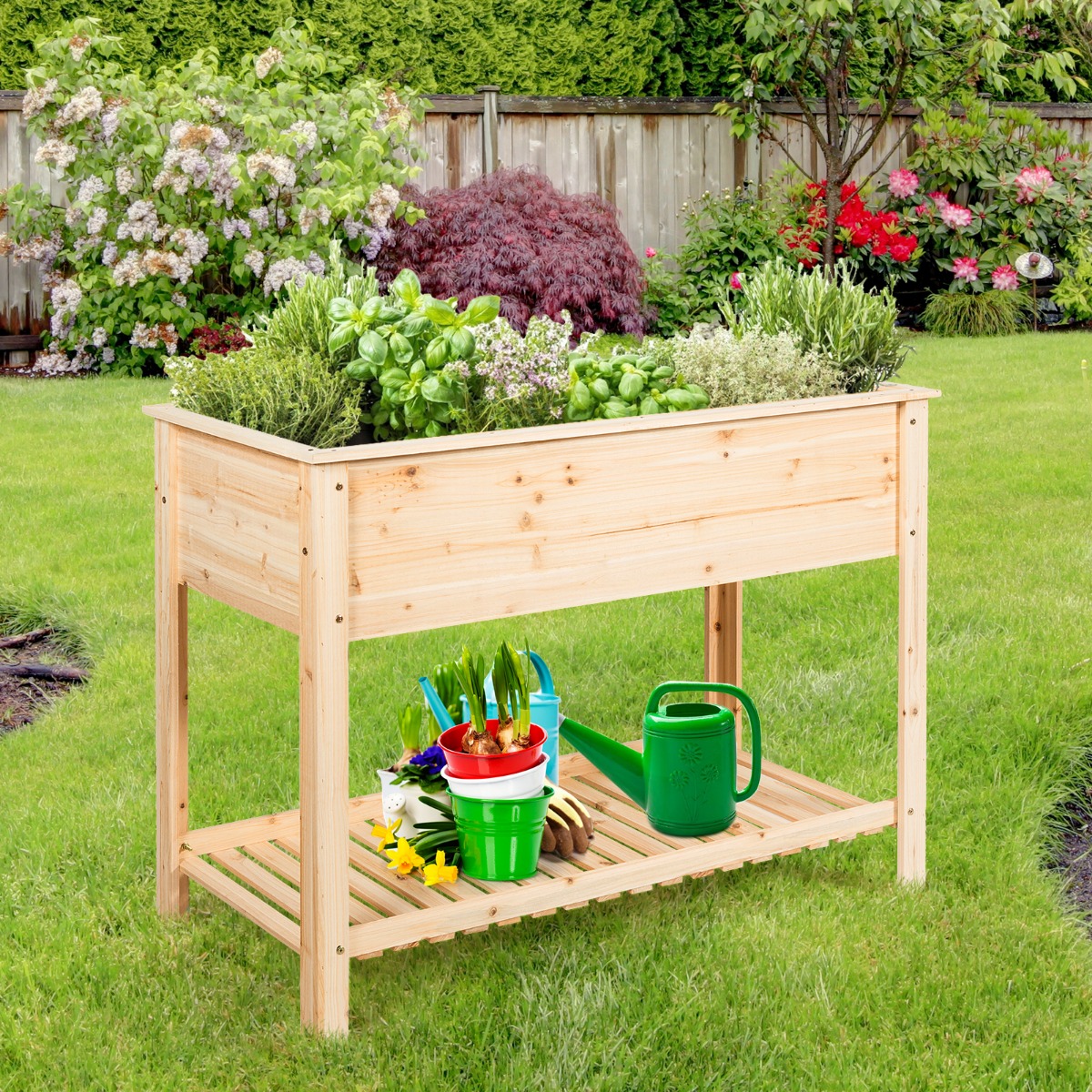 Holz-Pflanzgefäß Hochbeet mit Aufbewahrungsregal für Anbau von Pflanzen 92 x 41x 81 cm