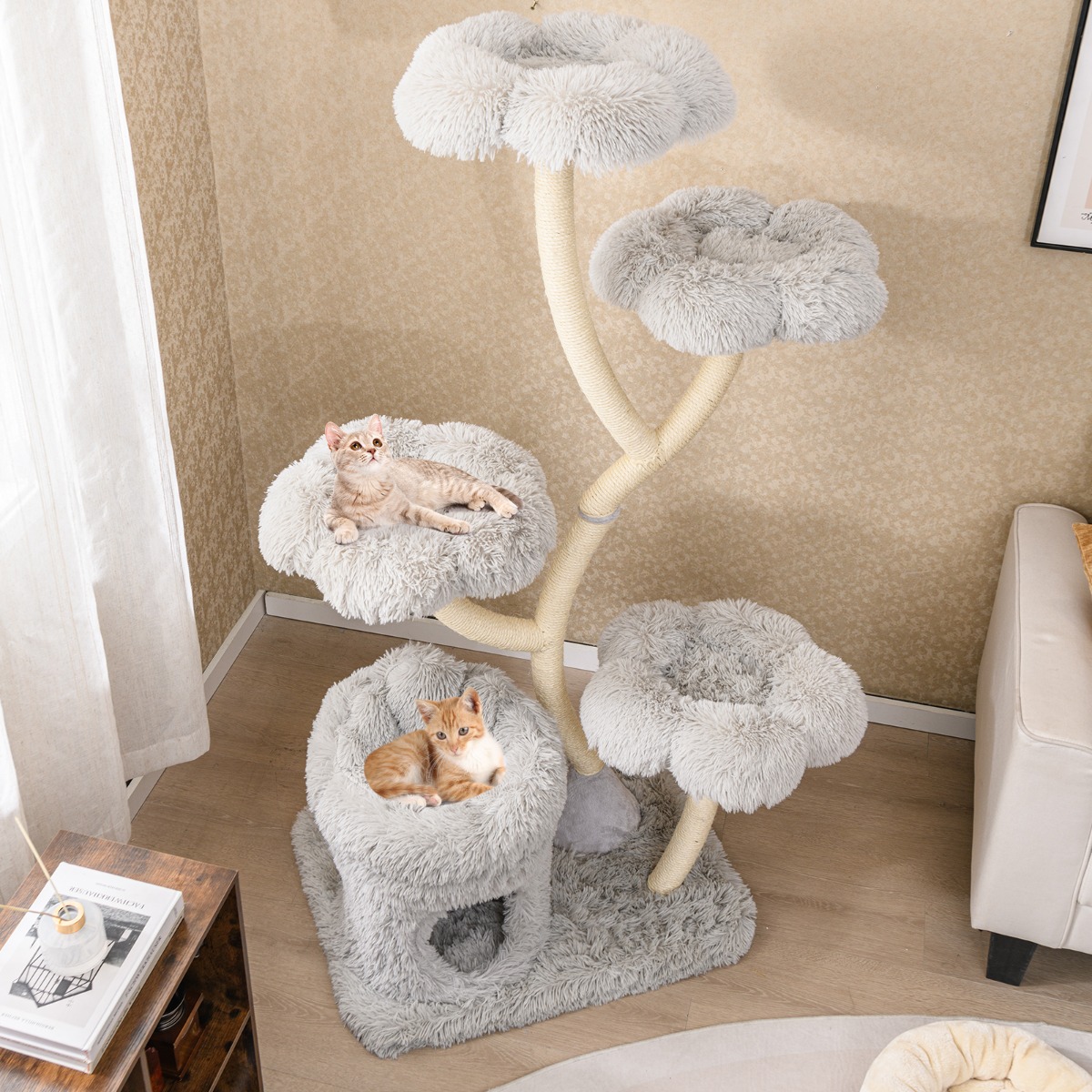 165cm Holz Kratzbaum mit 4 Warmen Liegeflächen & Katzenhöhle & Sisalstämmen Katzenbaum Grau