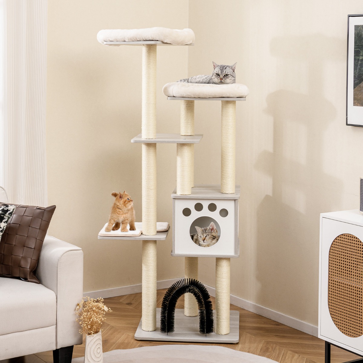 176 cm 6-stöckiger Kratzbaum mit Gemütlicher Matten & Höhle & Katzenbogen Grau