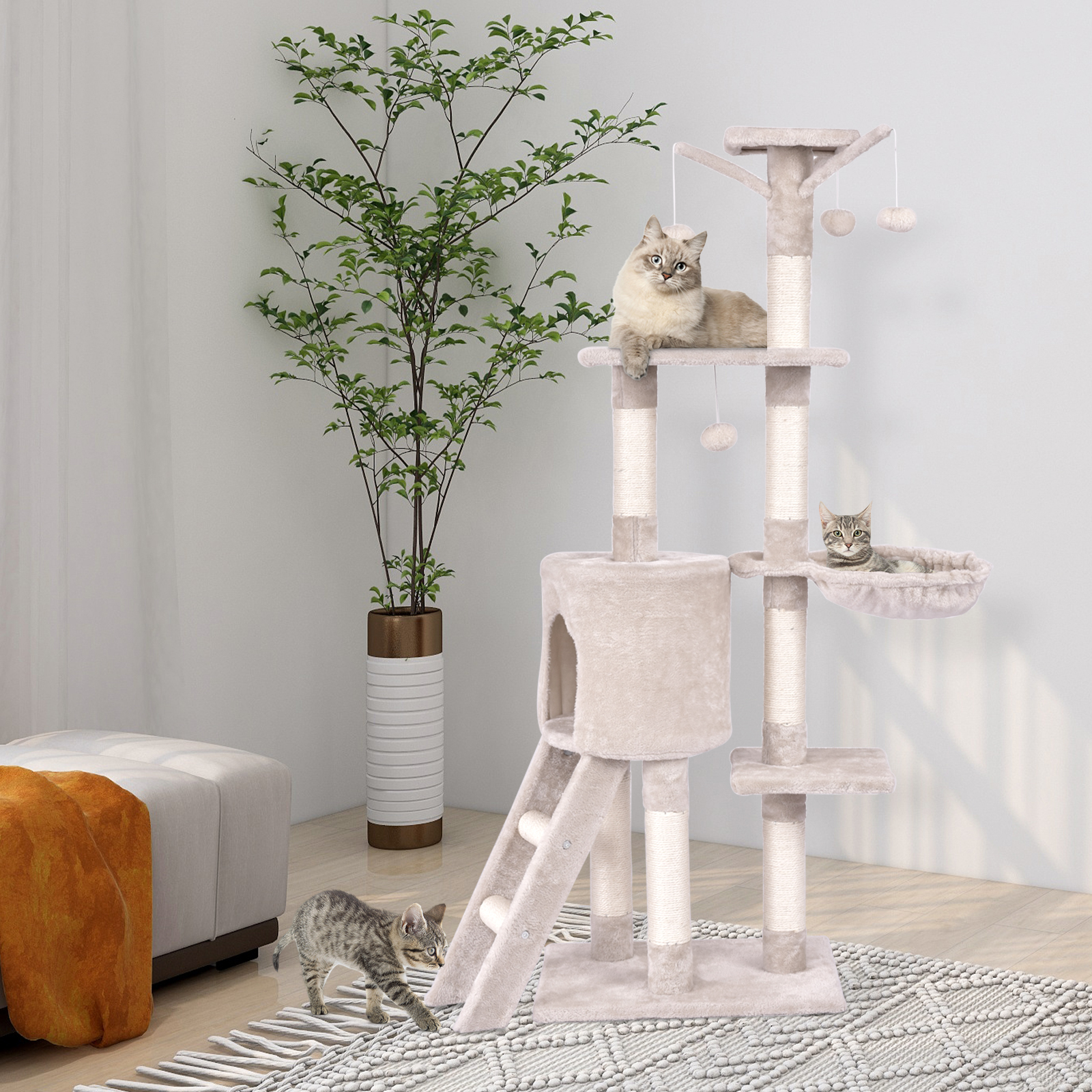 Kratzbaum 140 cm Katzenbaum mit Plattformen Katzenkratzbaum Katzen Katzenmöbel Kletterbaum Aktivitätsbaum Beige