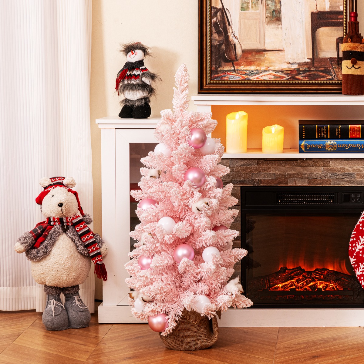 90 cm Mini künstlicher Weihnachtsbaum mit Schnee & Zementbasis Tannenbaum Chirstbaum Rosa