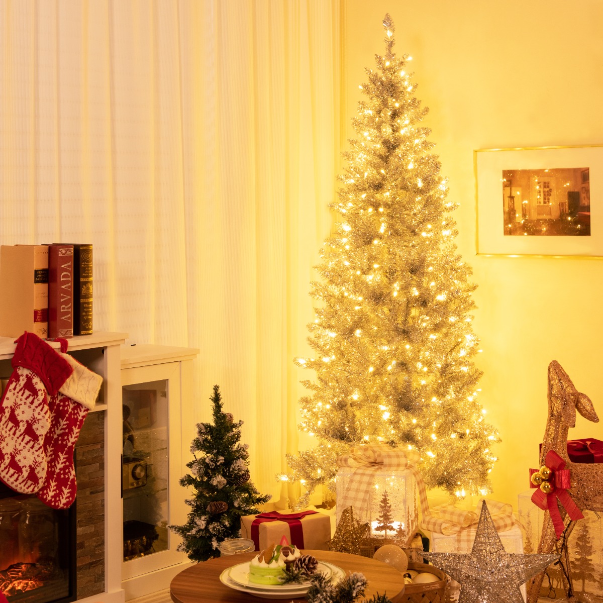 180 cm Bleistift Lametta-Weihnachtsbaum mit Warmweißen LED-Leuchten Schlanker Christbaum