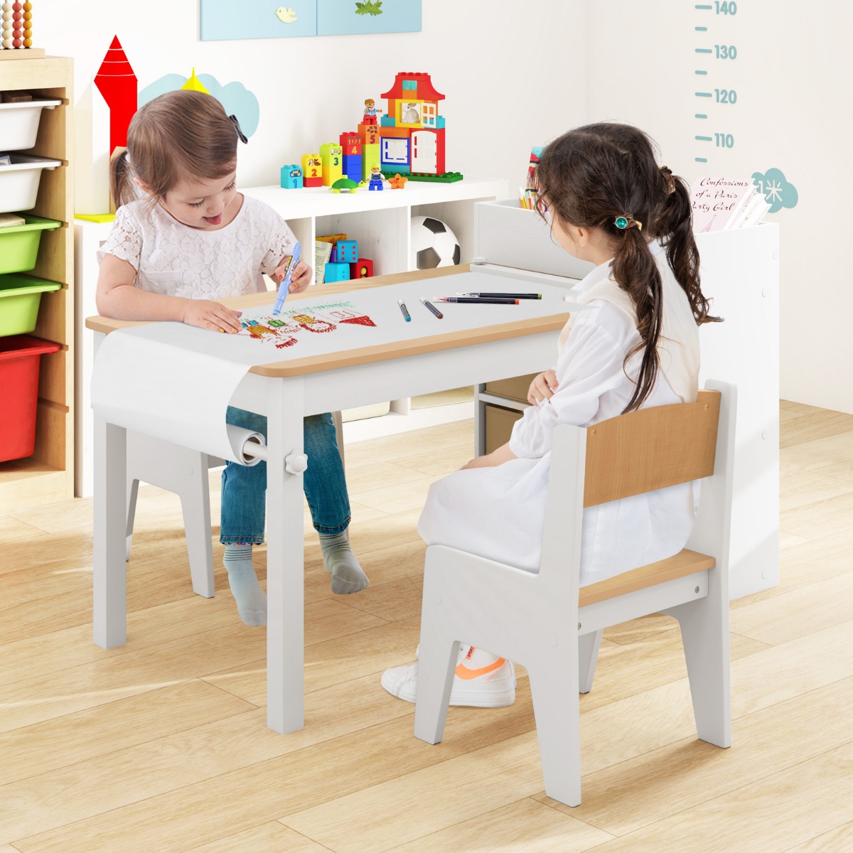 Kunsttisch- und Stuhlset für Kinder Zeichentisch mit 2 Stühlen Papierrolle und Papierrollenhalter Natur