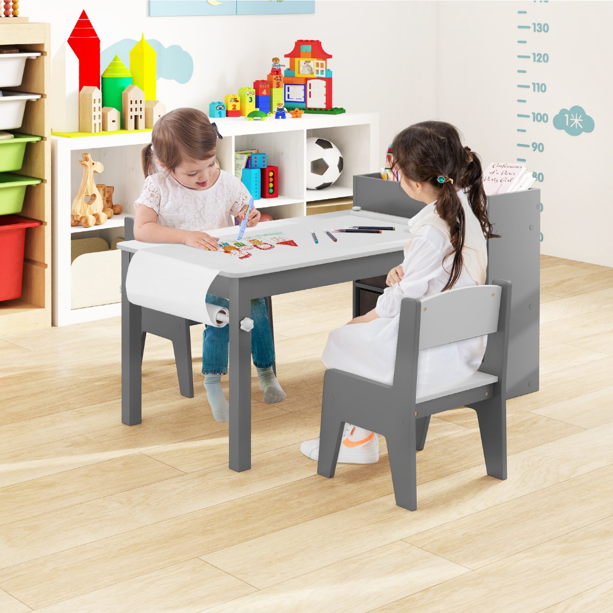 Kunsttisch- und Stuhlset für Kinder Zeichentisch mit 2 Stühlen Papierrolle und Papierrollenhalter Grau