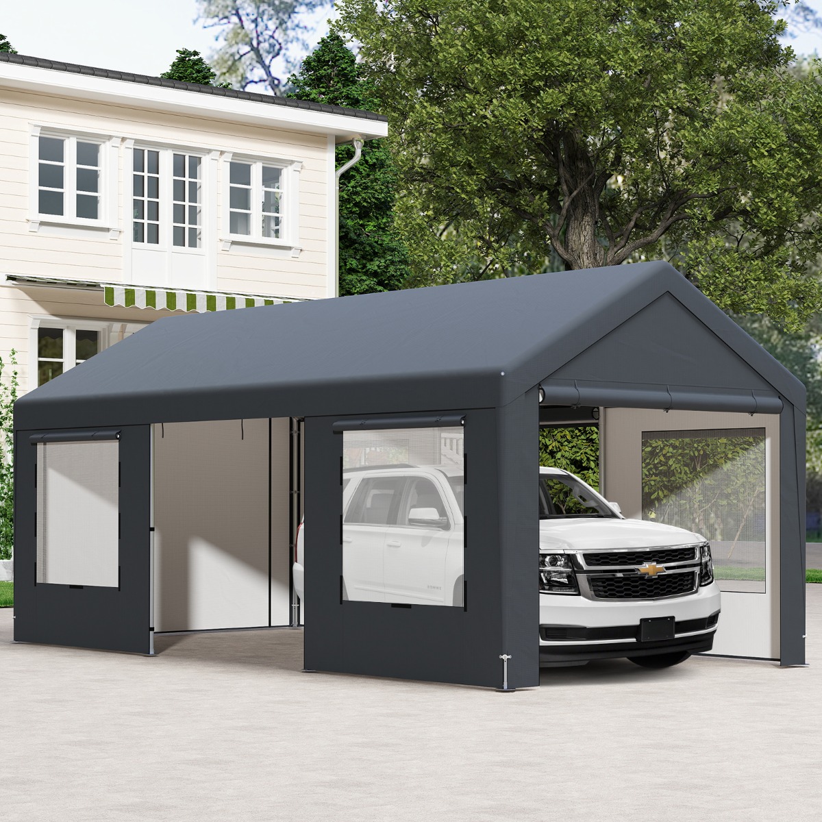 Carport Zeltgarage mit 8 Abnehmbaren Seitenwänden & Rolltüren Garagenzelt Weidezelt