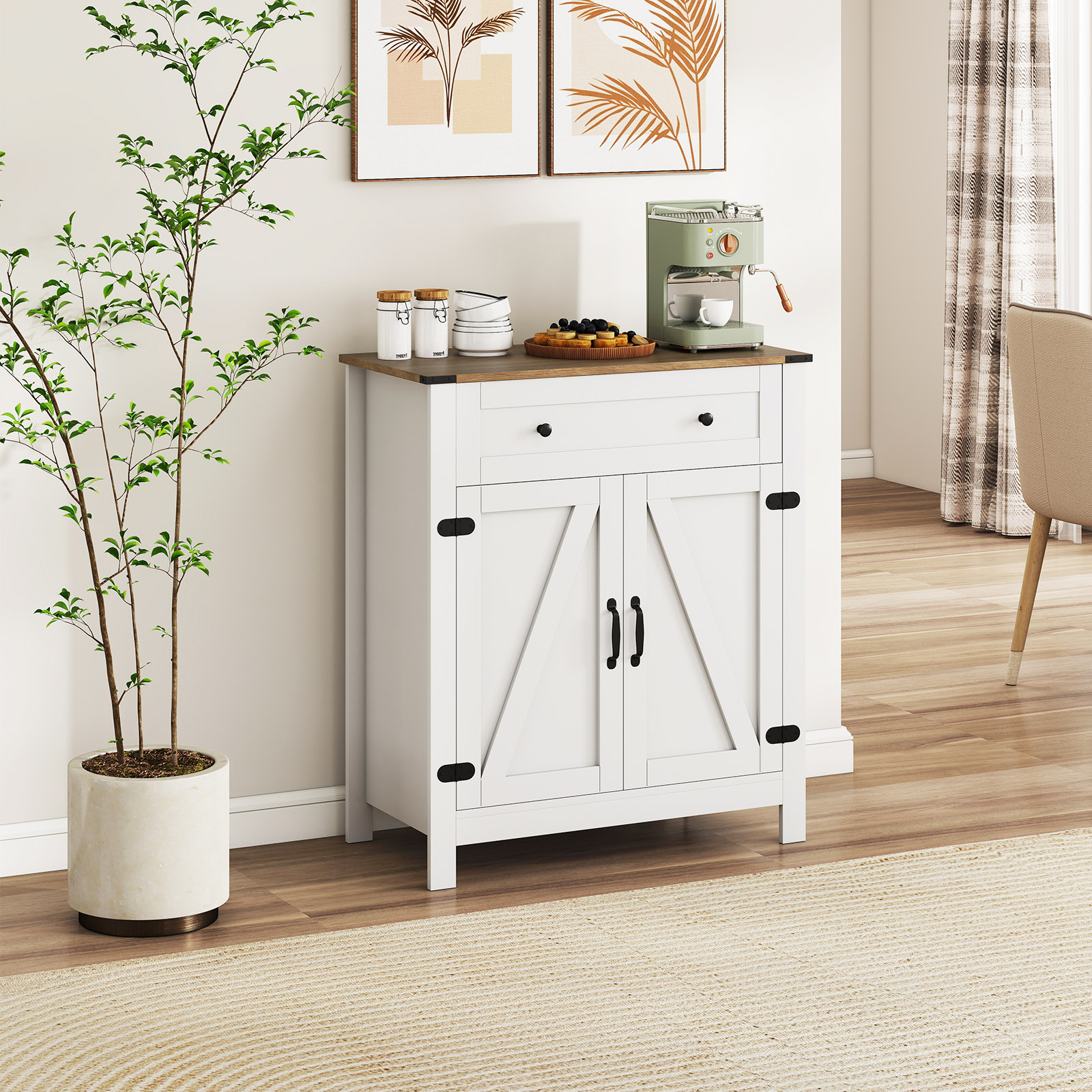 Landhaus-Sideboard mit Türen & Schublade & verstellbarem Regal Buffetschrank Küchenschrank