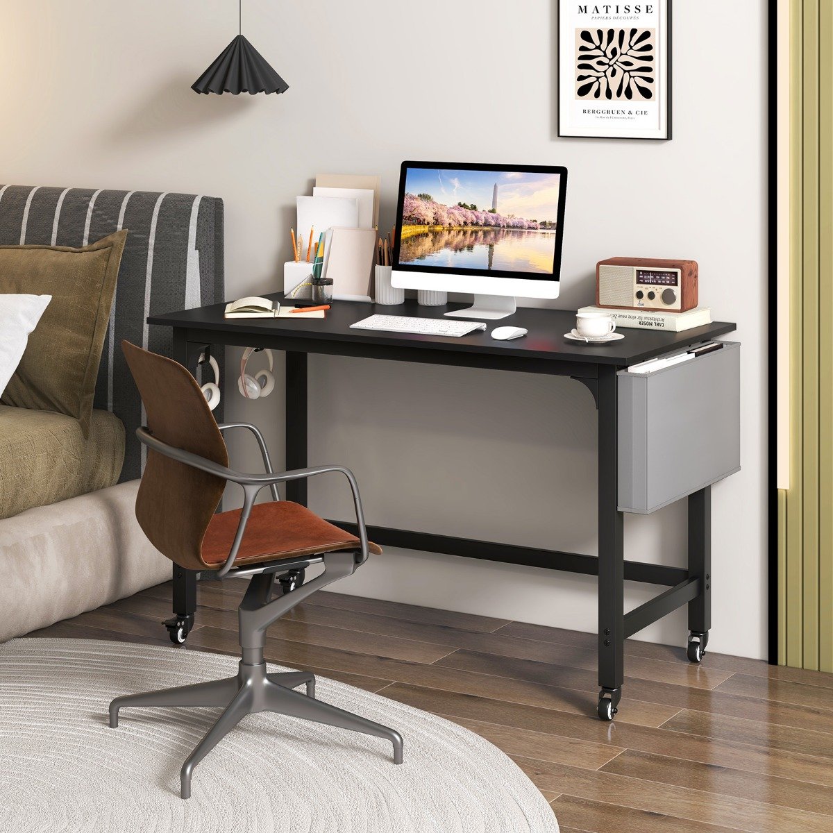 Schreibtisch mit Rollen Computertisch mit Abnehmbarer Stofftasche und Kopfhörerhaken 120 x 60 x 75 cm Schwarz