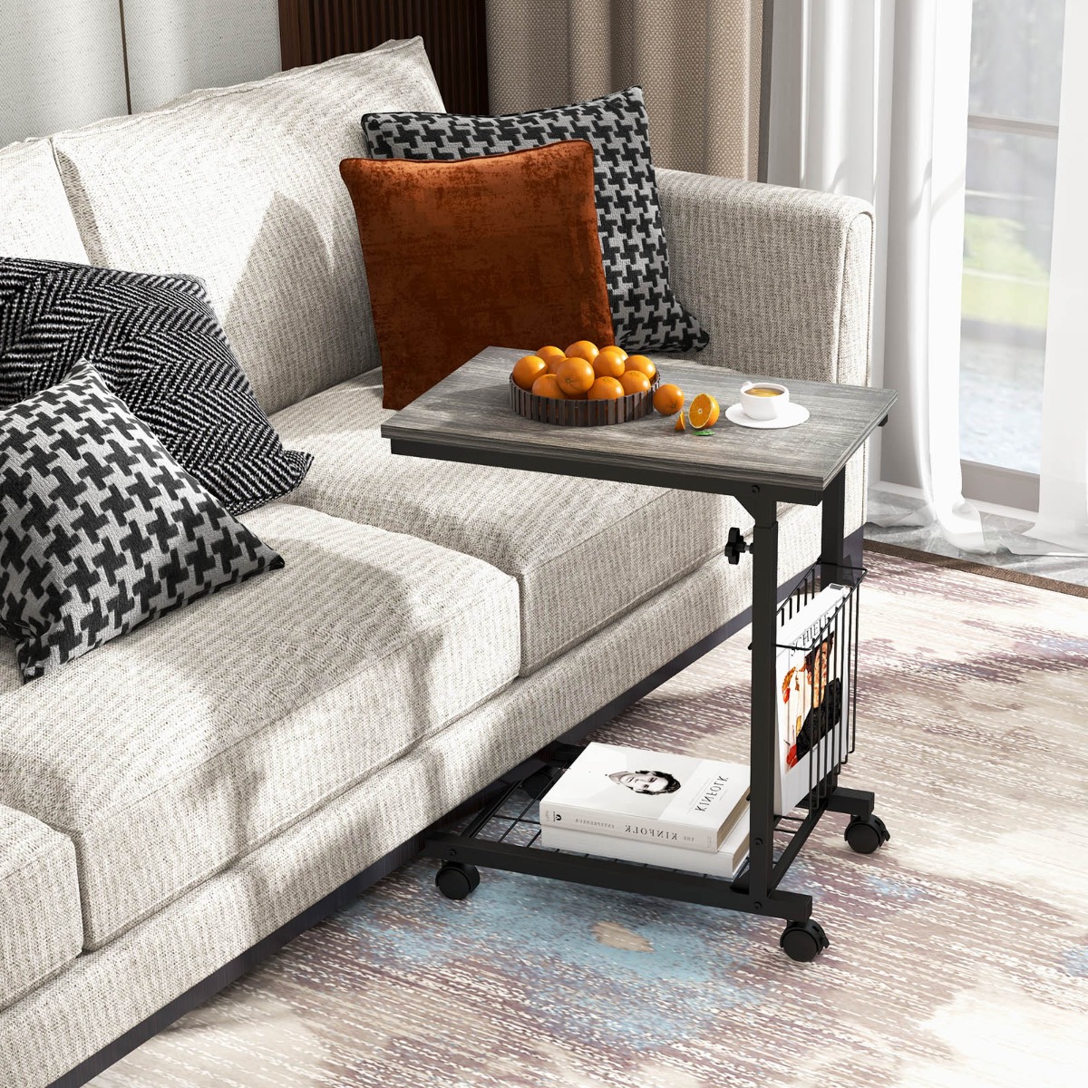 Höhenverstellbarer Laptoptisch mit Aufbewahrungskorb & Rollen C-Form Sofatisch Grau