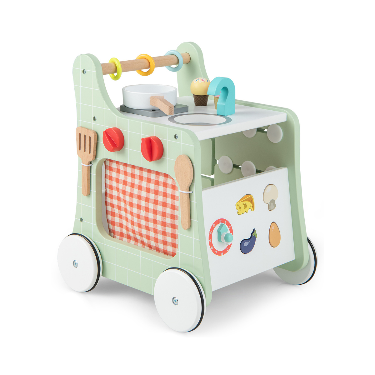 6 in 1 Holz Lauflernhilfe mit Spielküche & Lernuhr & Formanpassung & Beweglichem Schieber Grün