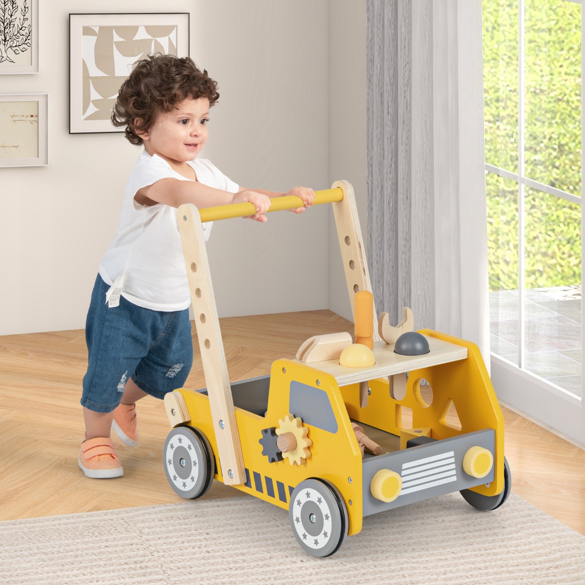 2-in-1 Lauflernwagen Holz Lauflernhilfe mit Multi-Aktivitätszentrum Baby Walker Laufwagen