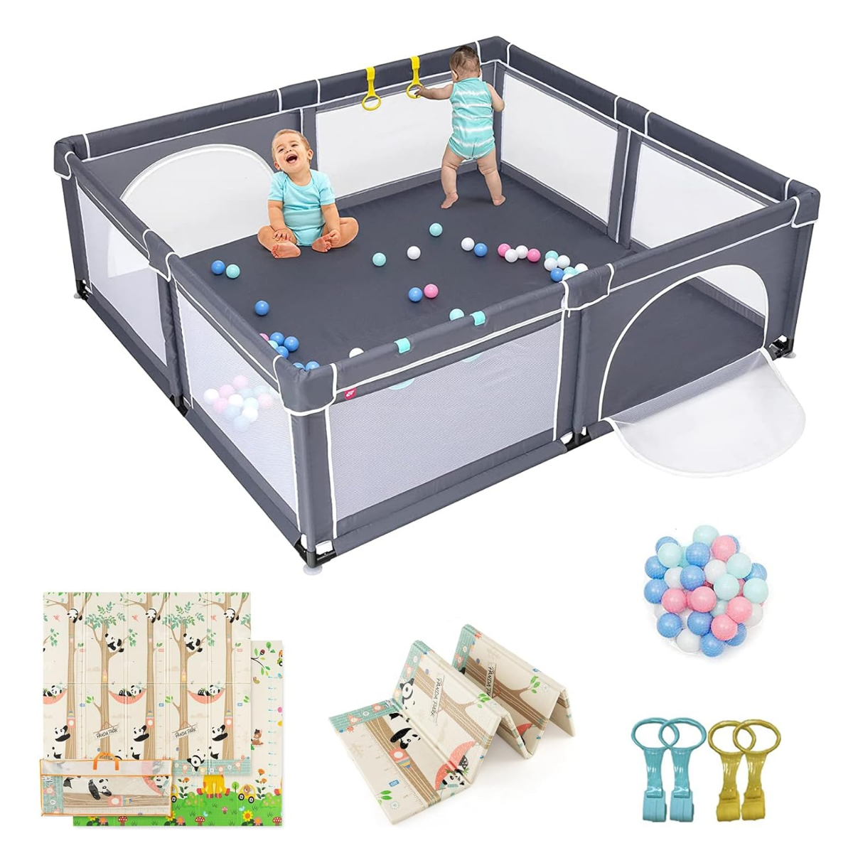 206 x 186cm Baby Laufstall mit Matratze Laufgitter mit 50 Spielbällen (Dunkelgrau Laufstall + Panda Matratze)