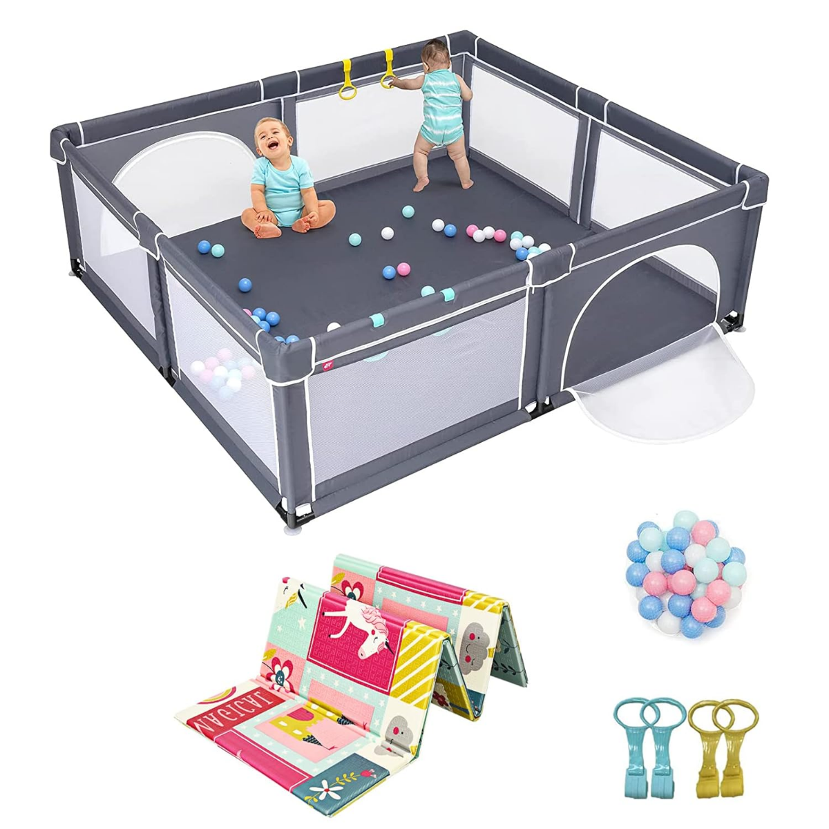 206 x 186cm Baby Laufstall mit Matratze Laufgitter mit 50 Spielbällen (Dunkelgrau Laufstall + Rosa Matratze)