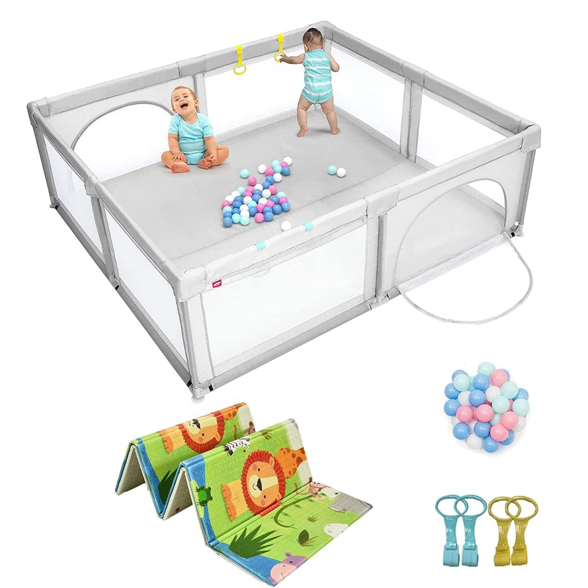 206 x 186cm Baby Laufstall mit Matratze Laufgitter mit 50 Spielbällen (Grau Laufstall + Grün Matratze)