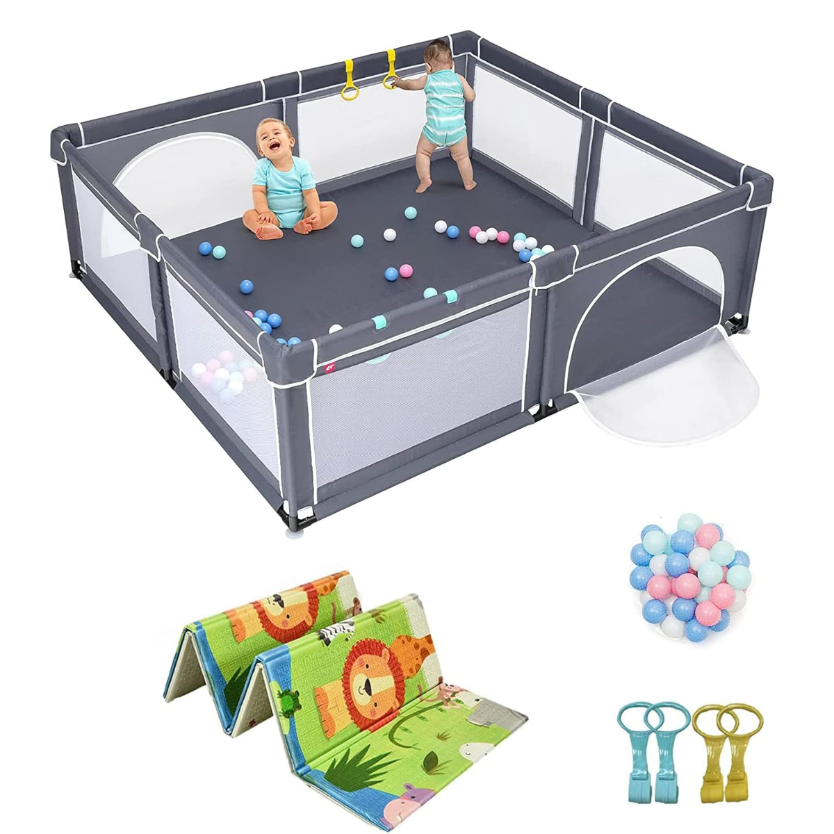 206 x 186cm Baby Laufstall mit 50 Spielbällen Laufgitter mit Matratze (Dunkelgrau Laufstall + Grün Matratze)