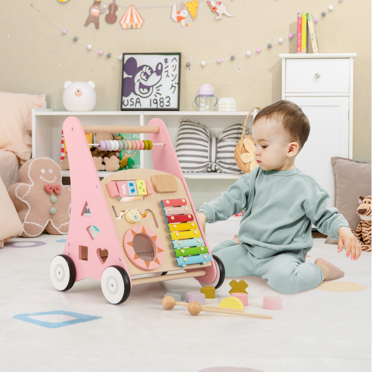 Holz Baby Lauflernhilfe mit glatten Griffe & Integrierten Spielaktivitäten Lauflernwagen Rosa