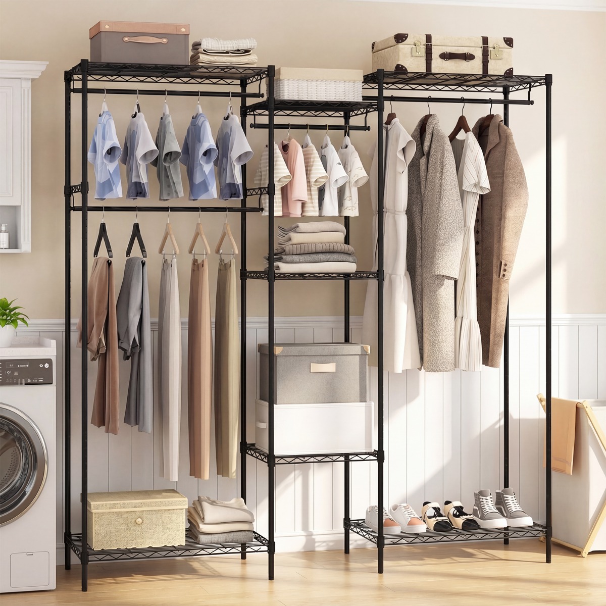 Tragbarer Kleiderschrank wandelbarer Kleiderorganizer mit L-Form & horizontaler Montage Schwarz