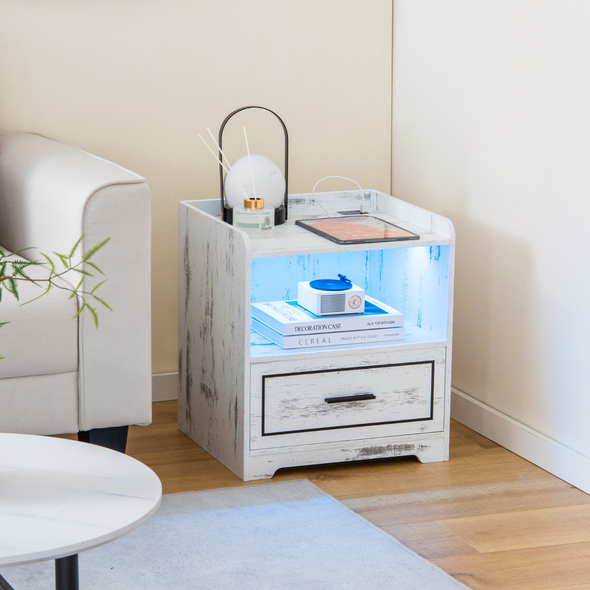 LED-Nachttisch Intelligenter Nachtschrank mit 2 USB-Anschlüssen Weiß