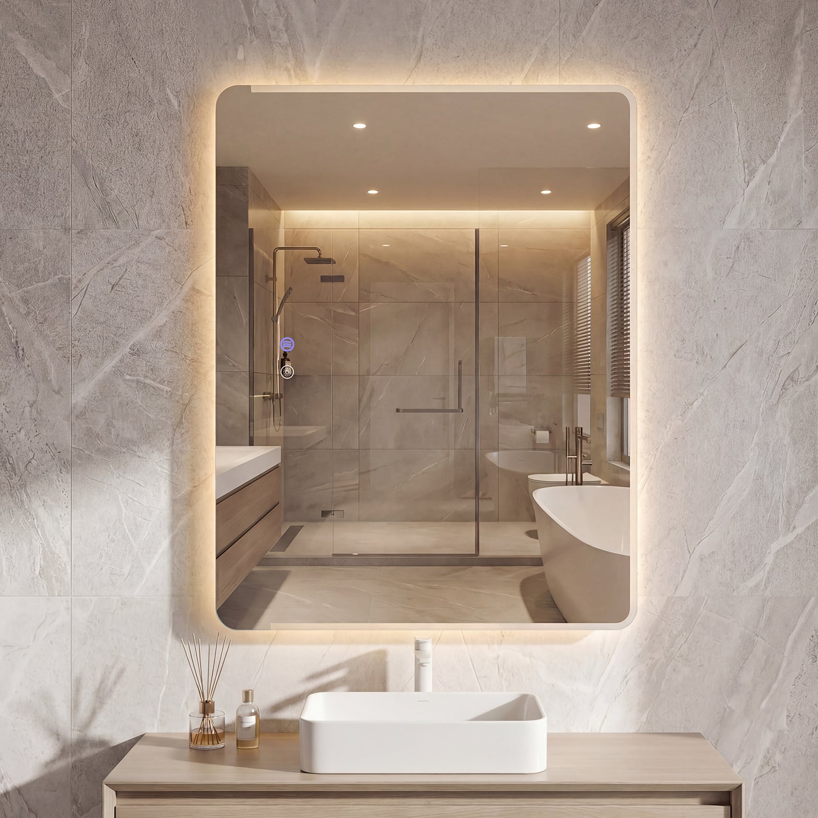 LED Badezimmer Spiegel mit 3-farbigen Lichtern & Antibeschlag Wandspiegel Schminkspiegel 80 x 60 cm