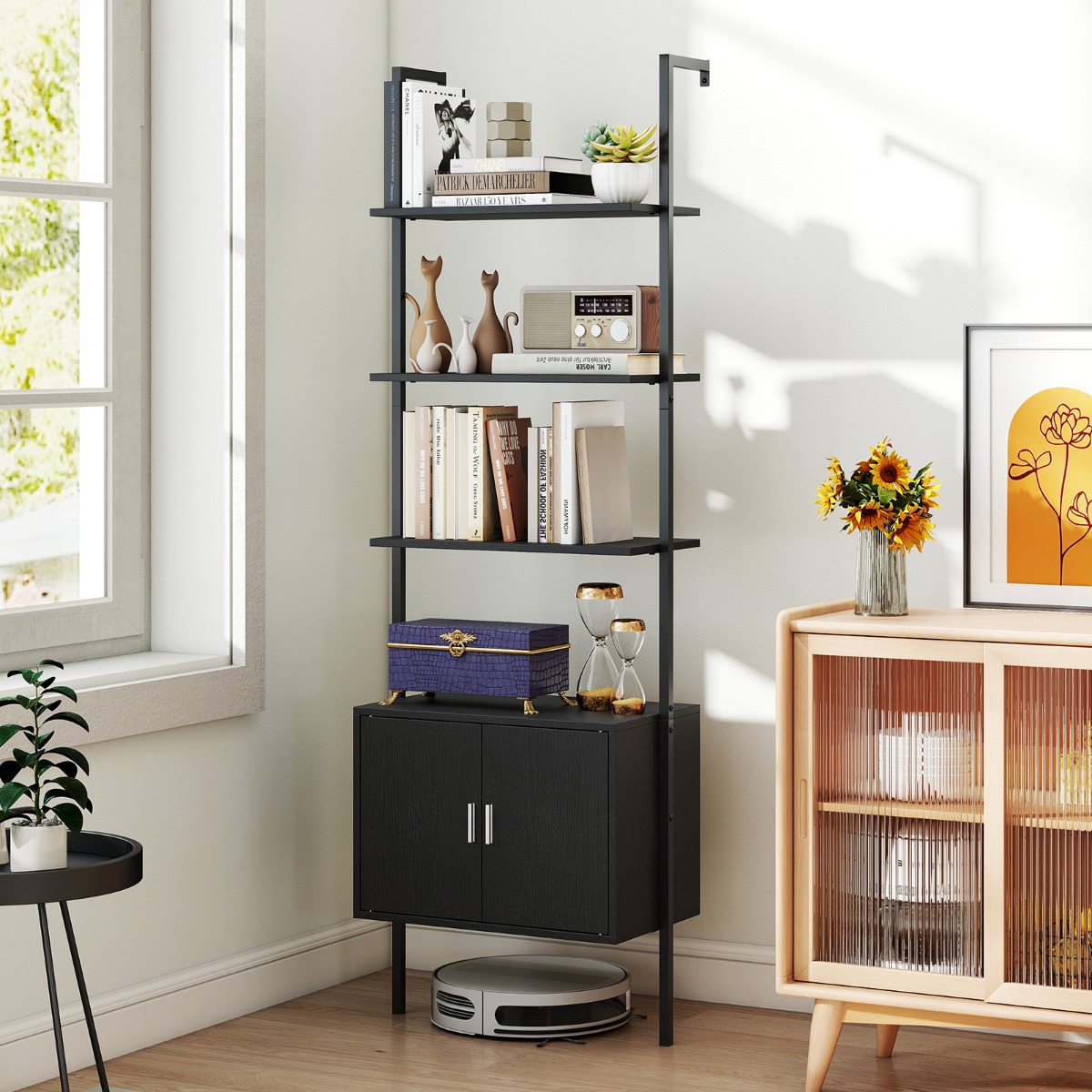 5-stöckiges Leiterregal Bücherregal Wandregal mit Schrank Kippschutz-Kits und Metallrahmen Schwarz 60 x 35 x 184 cm